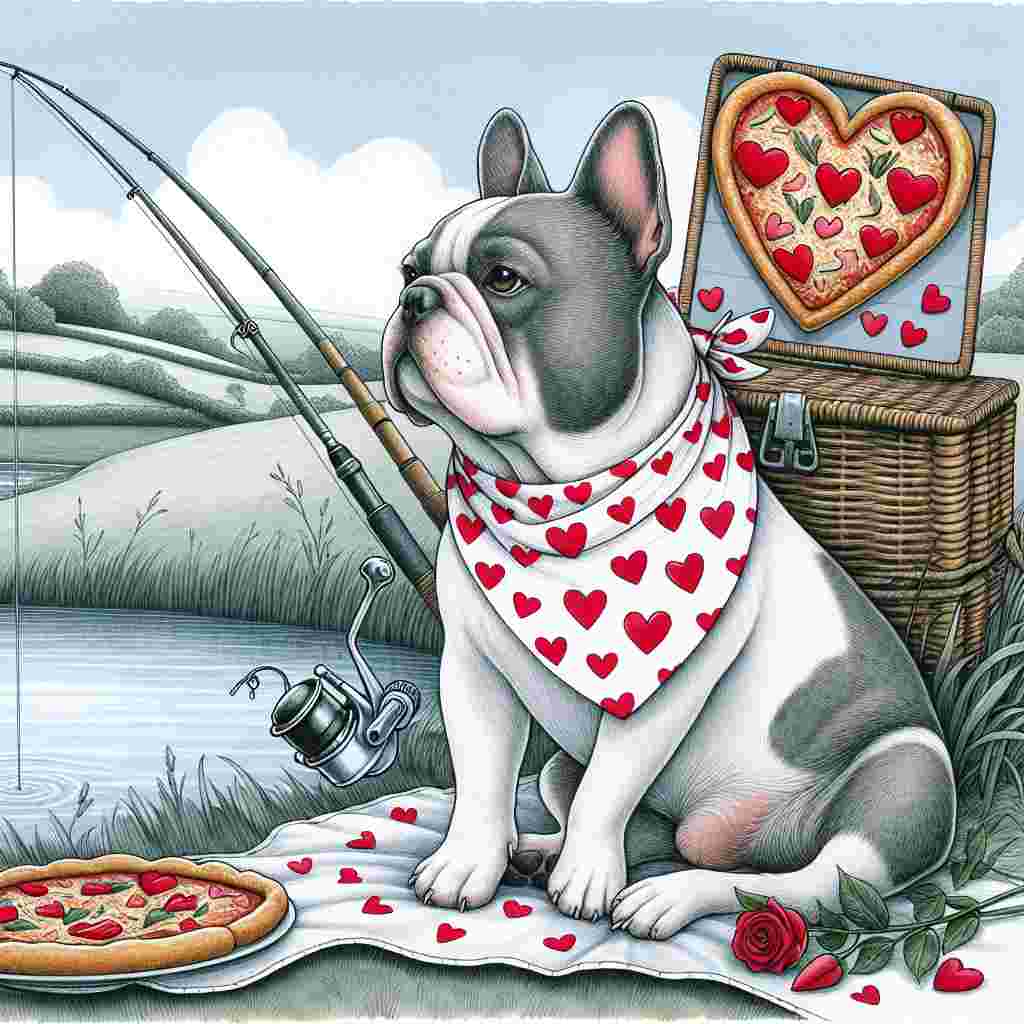 Illustrate a Valentine's Day-themed scenery set in the rolling countryside of Dorset. In this scene, a content grey and white French Bulldog wearing a bandana designed with red hearts is sitting calmly. The dog is watching a fishing line cast out into a nearby pond, signifying a tranquil fishing scene. Next to the bulldog, there's an open picnic basket with a whimsical touch of romance: a pizza shaped like a heart.
Generated with these themes: Grey and white french bulldog, Carp fishing, Dorset , and Pizza.
Made with ❤️ by AI.
