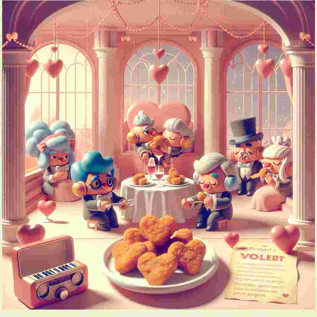 Create an image featuring a fanciful Valentine's Day scene within a sophisticated, heart-decorated inn. In a private corner, a group of cartoon characters, one with a tuft of blue hair and another with a top hat and monocle, share a dish of heart-formed chicken nuggets. The scene is drenched in a light, blush glow similar to cutesy, vintage pop aesthetics, while emotional pop ballads delicately sound from a vintage radio, creating an atmosphere of fondness and companionship.
Generated with these themes: Hazbin Hotel, five nights at freddies,  chicken nuggets, you tube melenie martinez,  Oliva Rodriguez .
Made with ❤️ by AI.