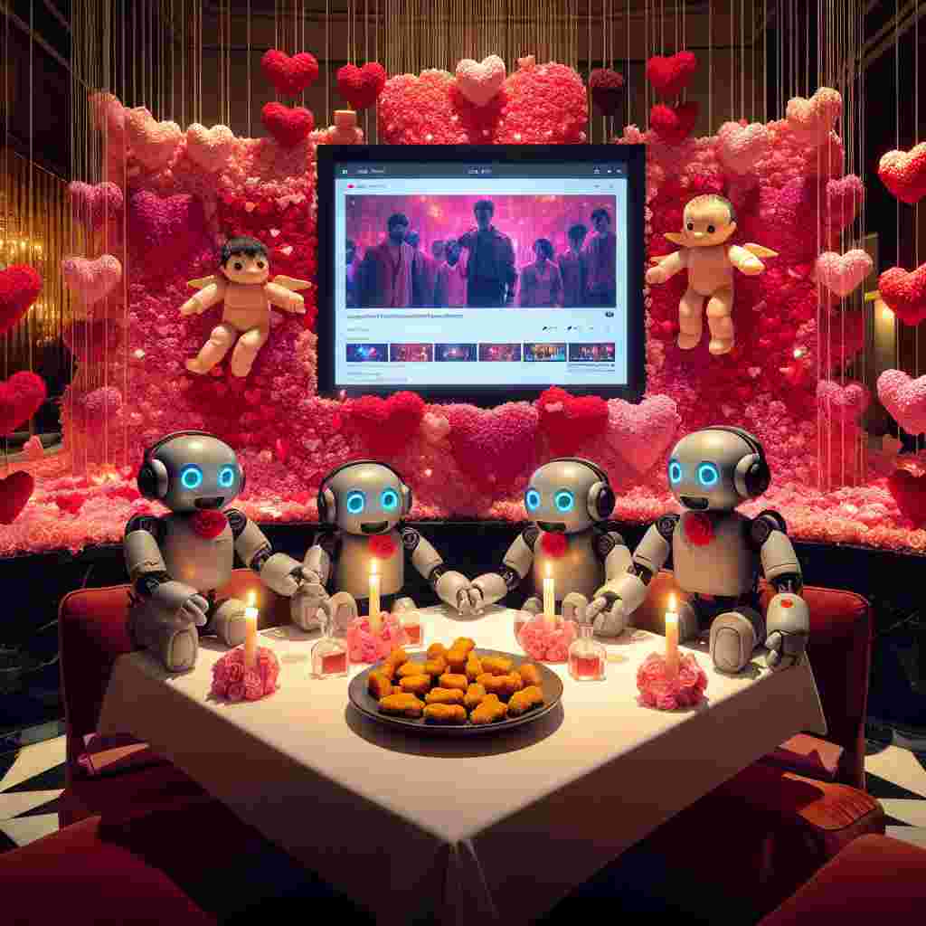 Create a charming, Valentine-themed visual that showcases a vibrant hotel lobby adorned with abundant garlands of hearts and paper cupids. In this setting, stylized soft toy figures, reminiscent of mechanical animatronics from a famous horror video game, occupy a candlelit table. On the table, a dish playfully arranged with chicken nuggets awaits them. A digital frame is mounted on the wall, steadily scrolling through a montage of various unnamed contemporary music videos which lend a modern rhythm to the heartfelt celebrations.
Generated with these themes: Hazbin Hotel, five nights at freddies,  chicken nuggets, you tube melenie martinez,  Oliva Rodriguez .
Made with ❤️ by AI.