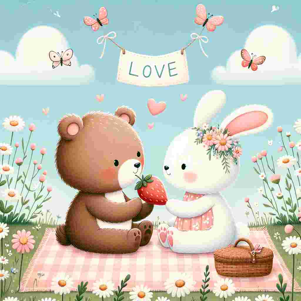 Create a playful illustration showing two animated animals, a bear and a rabbit, sitting in proximity on a soft pink and white checkered picnic blanket. They are seen amidst a field of daisies under a cloudless blue sky, sharing a heart-shaped strawberry and looking into each other's eyes. Above them, butterflies are seen fluttering by, leaving trails in the shape of hearts. A sign hangs between two dandelions bearing the word 'Love' in fancy, cursive script.
Generated with these themes: Love .
Made with ❤️ by AI.