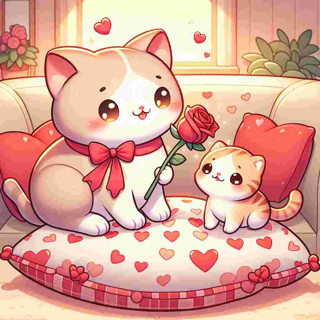 Generate a heartwarming scene where a voluptuous cat with a ribbon around its neck is presenting a single red rose with its mouth to a blushing kitten. They are both perched atop a comfortable, oversized cushion decorated with red and pink hearts. The room is glowing with a soft, welcoming light that casts a warm, romantic tone across the scene. The pattern of the cushion subtly integrates the word 'Love', rounding out this illustration's Valentine's Day theme.
Generated with these themes: Love .
Made with ❤️ by AI.