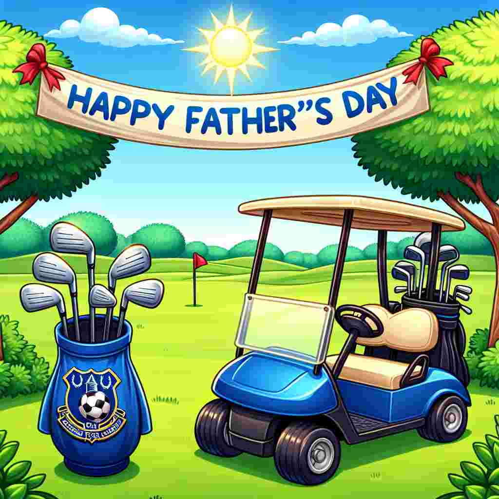 Illustrate a vibrant, Father's Day-themed cartoon setting showcasing a sunny day on a flawless golf course. The sky is clear blue with a radiant sun shining brightly. There's a banner with the text 'Happy Father's Day' hung between two lush, green trees. In the scene, envision a set of golf clubs leaning against a vivid blue golf cart. To illustrate the idea of a dad's day out indulging in his beloved hobbies, decorate the golf cart with a symbolic soccer emblem, in lieu of Everton football club emblem, hinting at the owner's passion for soccer and golf.
Generated with these themes: Everton , and Golf .
Made with ❤️ by AI.