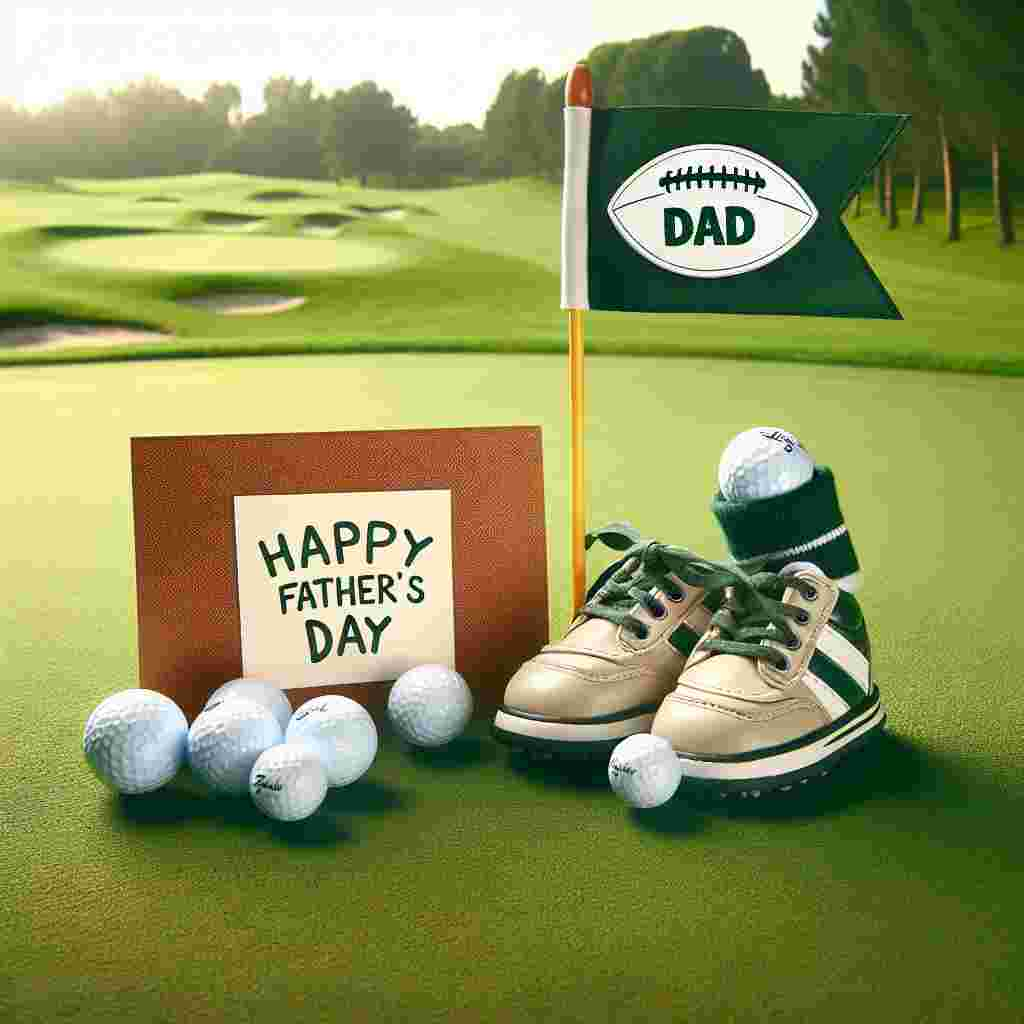 Create an image set on a rich, verdant golf course. Included in the landscape is a lovely cartoon-style flag tucked into the 18th hole, the flag features a generic football logo, celebrating a beloved sports team. In the foreground, we see a pair of small golf shoes sitting beside a larger, adult-sized pair. A 'Happy Father's Day' greeting card leans against the shoes, surrounded by golf balls carefully arranged to spell 'DAD'. The entire scene embodies a parent-child bonding moment over shared interests like sports and the outdoors.
Generated with these themes: Everton , and Golf .
Made with ❤️ by AI.