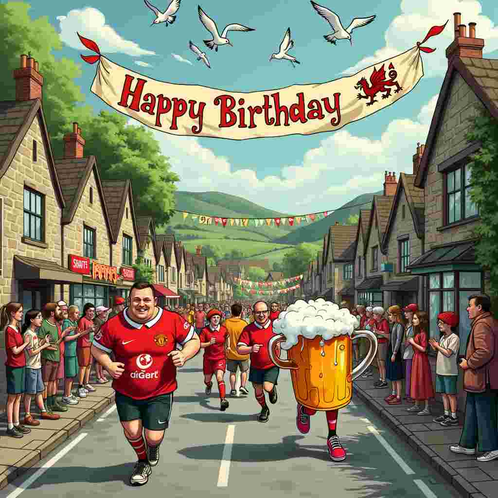 Imagine a bustling Welsh village nestled in lush green hills, where a zany, whimsical birthday race is taking place. The scene is vibrant and packed with delightful details. 

At the starting line, a diverse group of runners dressed in a hodgepodge of costumes stands ready. One burly, cheerful runner sports a bright red Manchester United jersey and a pair of comically oversized running shoes. His jersey has the iconic United logo prominently displayed, and his face is a picture of gleeful determination.

Next to him, a cheeky character is dressed as a giant frothy beer mug, complete with foam spilling over the top, making it comically hard for him to see where he's going. His face peeks out from the foam with an amused, slightly perplexed expression. 

In the background, the charming stone cottages of the Welsh village are adorned with colorful banners and flags, one of which proudly displays the red dragon of the Welsh flag. The streets are lined with jubilant villagers waving flags and cheering the runners on, their faces animated and full of life. 

A mischievous touch comes from the eBay theme: along the route, there are quirky eBay pop-up stalls, with items like a vintage Manchester United scarf, quirky beer mugs, and even odd running gear. Each stall has the distinct eBay logo and prices marked in playful fonts.

One runner, a dapper old man with a twinkle in his eye, dashes ahead carrying an oversized birthday cake, balancing it precariously while navigating the cobblestone streets. The cake is a marvel, decorated with the Manchester United colors, tiny beer mugs, and miniature runners.

In the sky above, a whimsical banner carried by a flock of cartoonish seagulls reads, "Happy Birthday from Wales!" and is adorned with little drawings of the iconic eBay logo, beer mugs, running shoes, and the Manchester United emblem.

The overall scene is a delightful, chaotic celebration of birthdays, brimming with lively details and charming quirks that tie together the themes of Manchester United, beer, running, Wales, and eBay in a joyful and unexpected manner.
Generated with these themes: Manchester United, Beer, Running, Wales, and Ebay.
Made with ❤️ by AI.