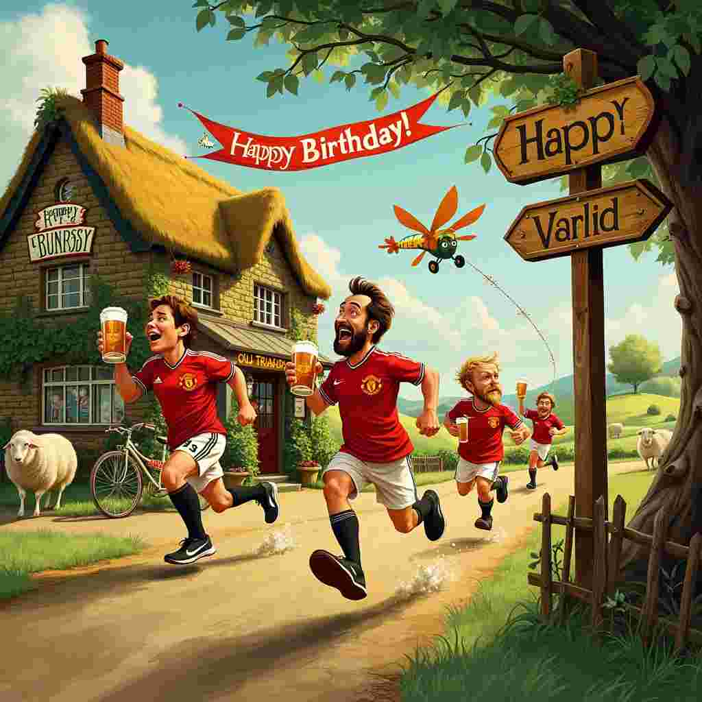 In a whimsical, detailed scene set against the rolling hills of Wales, picture a charming country road winding its way through lush, green pastures dotted with woolly sheep. In the foreground, a jubilant group of runners clad in red Manchester United jerseys dash along the path, their exaggerated, cartoonish expressions of joy and determination vividly captured. Each runner carries a pint of frothy beer in one hand, splashing comically as they sprint.

A weathered signpost at the crossroads points towards "Old Trafford" in one direction and "Cardiff" in another, while a mischievous dragon, inspired by Beatrix Potter’s charming animal illustrations, peeks out from behind the signpost, wearing a vintage football scarf adorned with the Manchester United emblem.

To the left, a quaint Welsh pub with a thatched roof and ivy climbing its stone walls stands cheerfully, its wooden sign reading "The Running Pint." Inside the pub, visible through large windows, patrons—sheep included—are raising their glasses in a birthday toast. A large vintage eBay logo painted on the pub's side wall indicates it's a popular spot for both locals and online treasure hunters.

In the sky above, reminiscent of Maxfield Parrish’s dreamlike atmospheres, a bright banner towed by a small biplane reads “Happy Birthday!” in bold, colorful letters, fluttering against a backdrop of fluffy clouds and a golden sun. The entire scene is dotted with quirky, detailed elements like a Welsh flag fluttering from a nearby tree, and an old bicycle propped up against the pub, its basket overflowing with rare eBay finds.

All these elements come together to form a lively, intricate scene filled with humor and whimsy, celebrating a birthday with a perfect blend of football, beer, running, Wales, and the unexpected joy of finding treasures on eBay.
Generated with these themes: Manchester United, Beer, Running, Wales, and Ebay.
Made with ❤️ by AI.