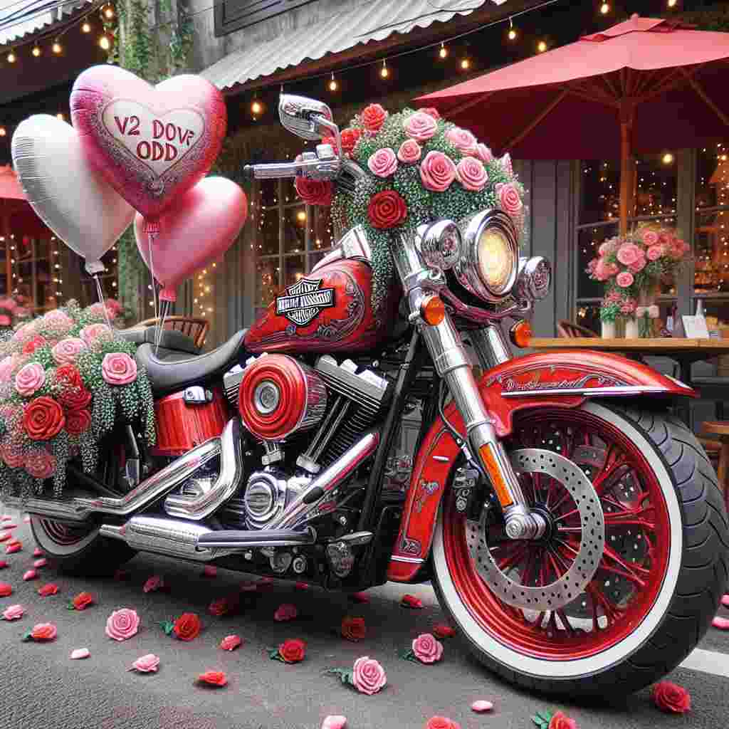 Generate an imaginative illustration that embodies the spirit of Valentine's Day but with an unexpected element. The picture showcases a vibrant red Harley Davidson motorcycle at the heart of the scene, decorated with white and pink heart-shaped balloons fastened to the handlebars. The license plate on the motorbike conspicuously displays 'V2 ODD', lending a unique feel to the illustration. The bike is stationed outside a quaint cafe that's adorned with twinkling string lights and lovely roses, exuding an amorous ambiance infused with a touch of thrill.
Generated with these themes: Harley Davidson motorbike, and Registration V2 ODD.
Made with ❤️ by AI.