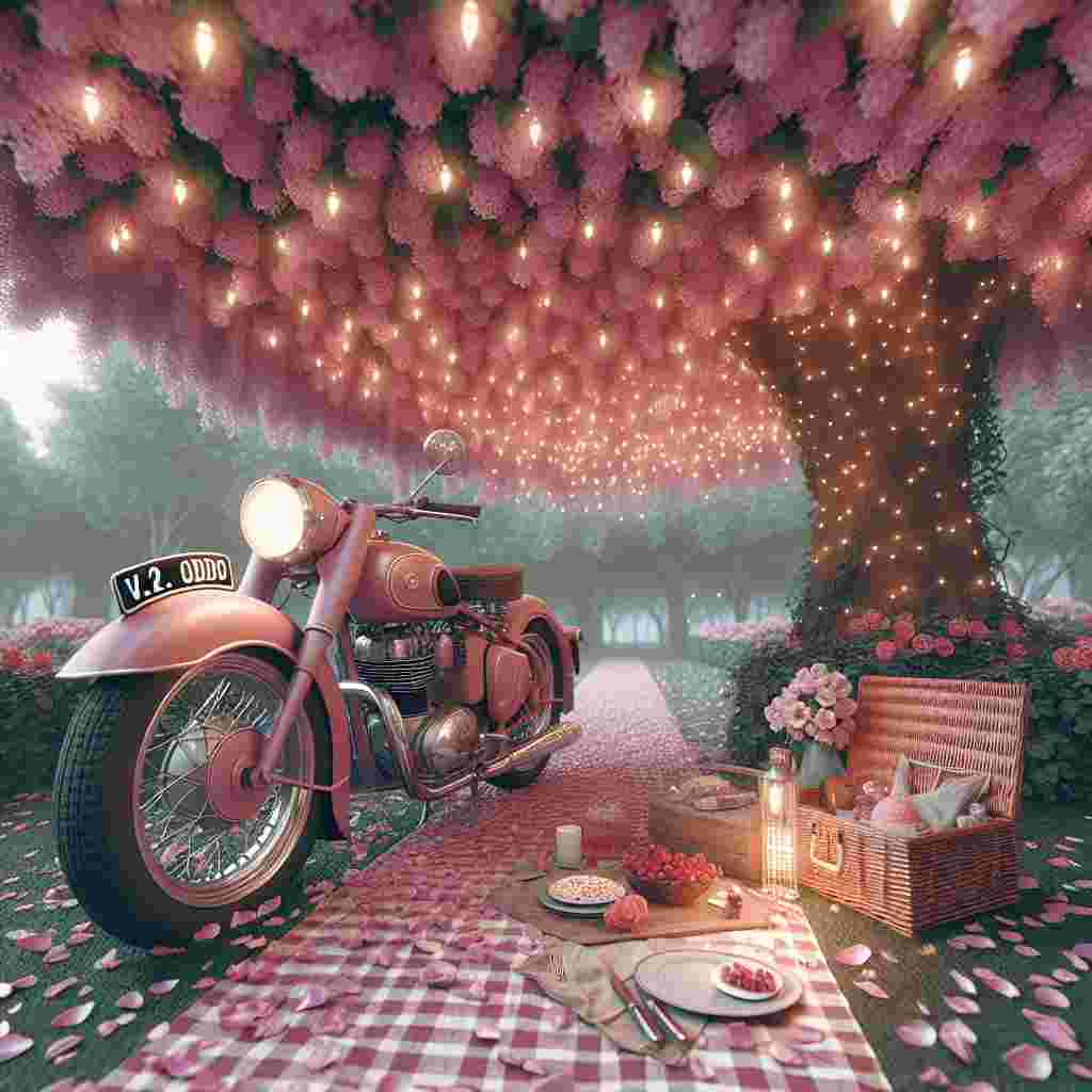 Envision a romantic scene, set on Valentine's Day. The focal point is a classic, vintage motorcycle, hued in a tender pastel pink shade. The vehicle, showcasing the license plate 'V2 ODD', is stationed on a path sprinkled with flower petals. The path guides the way to a cozy picnic spot under the verdant canopy of a tree. The arrangement includes a blanket with a checkered pattern, along with a basket brimming with delectable treats. Highlight the scene with the effervescent glow of fairy lights that dangle from the tree, casting down a warm, welcoming sparkle.
Generated with these themes: Harley Davidson motorbike, and Registration V2 ODD.
Made with ❤️ by AI.