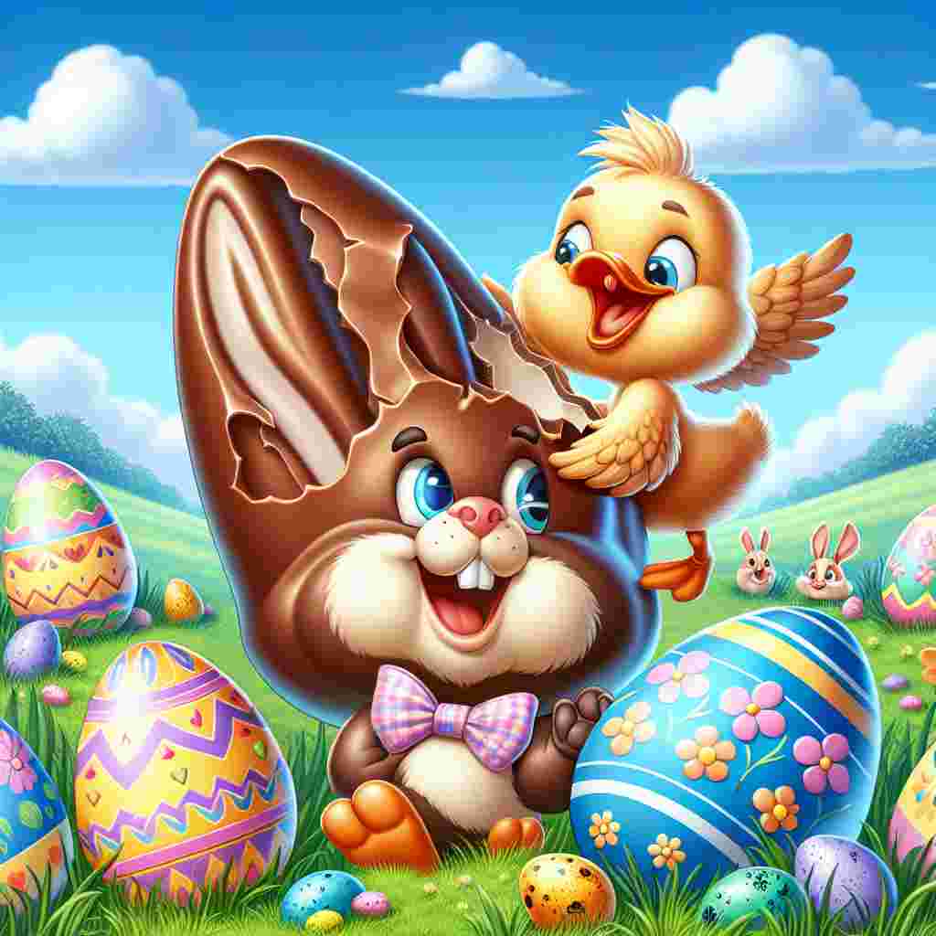 In an endearing cartoon scene themed around Easter, a meadow under pristine blue skies serves as a joyous background. The grass is sprinkled with vibrantly colored, intricately designed Easter eggs. Amid the eggs is a voluptuous chocolate bunny, half of its wrapping foil removed, unveiling its milky interior. A laughing duck with an East Asian descent and a fluffy, oversized footed chick of Caucasian descent can be seen frolicking each other, navigating through the hiding spots of the egg treasures. Sited in the margins, a charming piglet wearing a pastel bow tie, of Hispanic descent, is seen sniffing a chocolate egg, its diminutive tail wiggling in glee at the day's sugary find.
Generated with these themes: Eggs , Chocolate 🍫 , Duck , Chick , and Pig.
Made with ❤️ by AI.