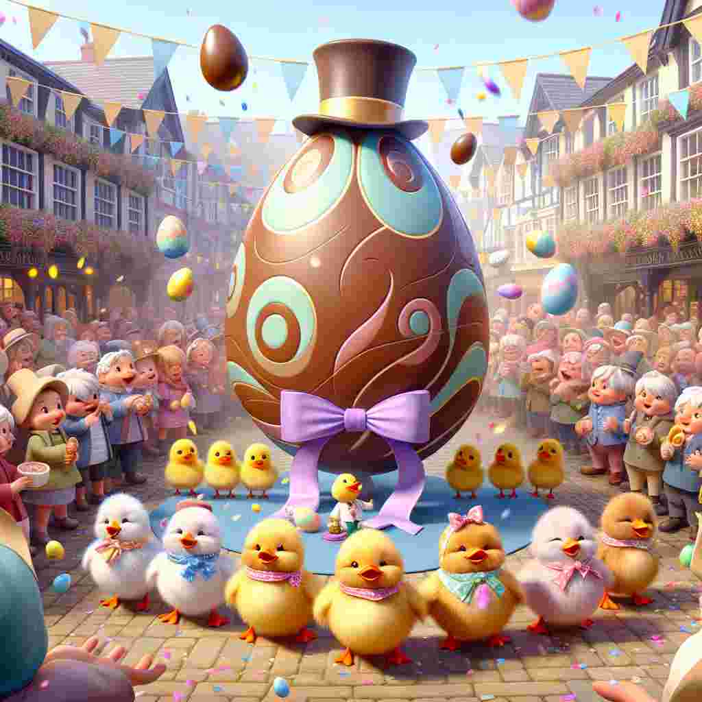 Render a whimsical Easter celebration set in a lively village square bustling with festivities. At the center, feature a gigantic Easter egg adorned with pastel-colored swirls that stands as a jovial centerpiece. Beneath it, depict a family of delicious-looking chocolate ducks arranged in a straight line, characterized by a mother duck leading her ducklings in an Easter parade. Show fluffy chicks in cute bonnets merrily tossing confetti into the air, amplifying the joyful ambiance. In a corner, illustrate a cartoon pig donning a magician's hat executing an egg-disappearing trick, eliciting gasps and chuckles from the mesmerized bystanders.
Generated with these themes: Eggs , Chocolate 🍫 , Duck , Chick , and Pig.
Made with ❤️ by AI.