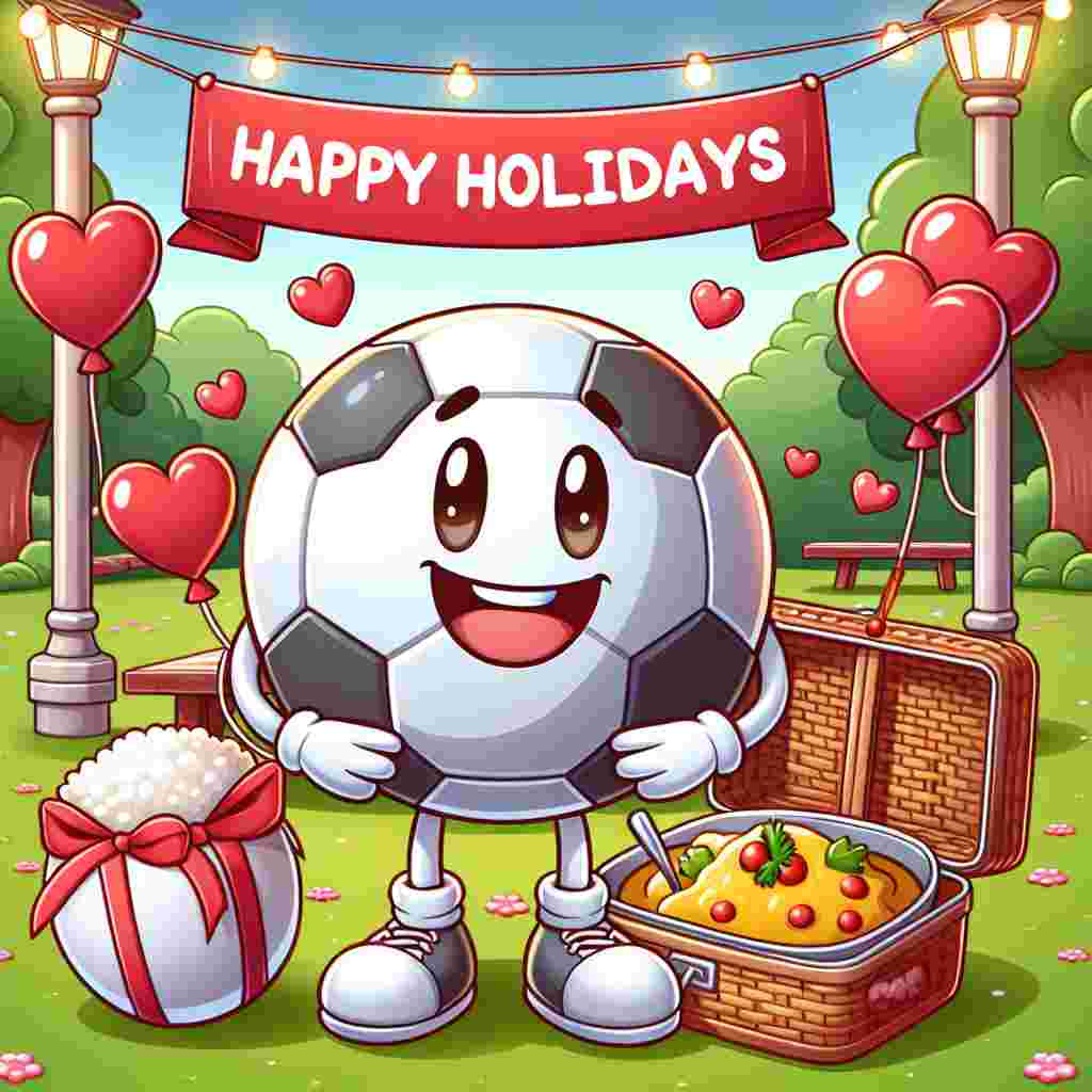 A playful cartoon scene set on Valentine's Day features an adorable generic cartoon football mascot, with a soccer ball by its side, standing in a quaint park adorned with heart-shaped decorations. The mascot is laughing merrily, holding a curry-filled picnic basket. It appears ready to share a humorous and romantic meal beneath a banner that reads 'Happy Holidays' amidst floating red and pink balloons.
Generated with these themes: Scunthorpe united, Soccer, Curry, Comedy, and Holidays.
Made with ❤️ by AI.