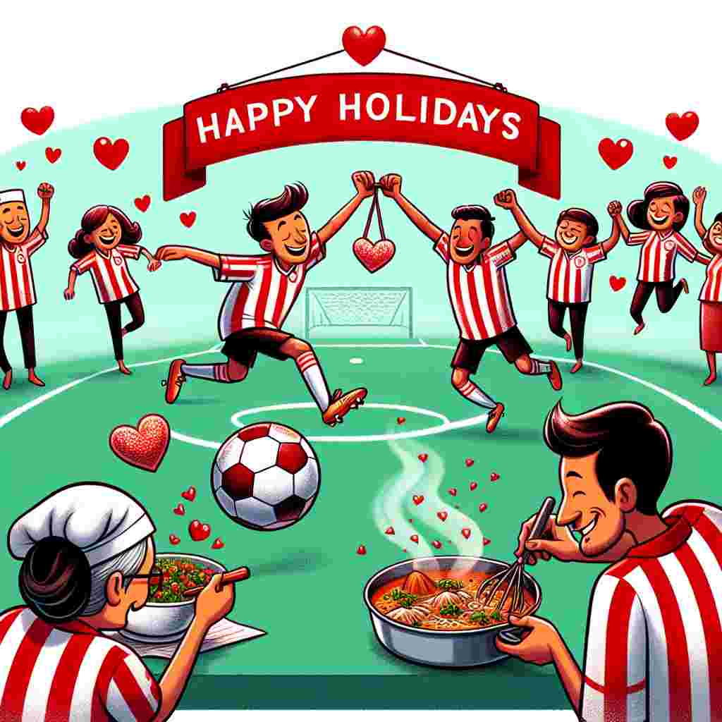 Create a delightful Valentine's Day cartoon image where the spirit of laughter and enjoyment permeates the scene. The central theme is soccer, with couples wearing unique red-and-white striped jerseys, typical of a local sports team, and enjoying a friendly match. Off to the sidelines, a humorous cooking competition unfolds, featuring participants carefully adding heart-shaped spices to their curries. Above all of this merriment, a sign reading 'Happy Holidays' swings gently, its message representing the joyous union of love, fun, and sportsmanship.
Generated with these themes: Scunthorpe united, Soccer, Curry, Comedy, and Holidays.
Made with ❤️ by AI.