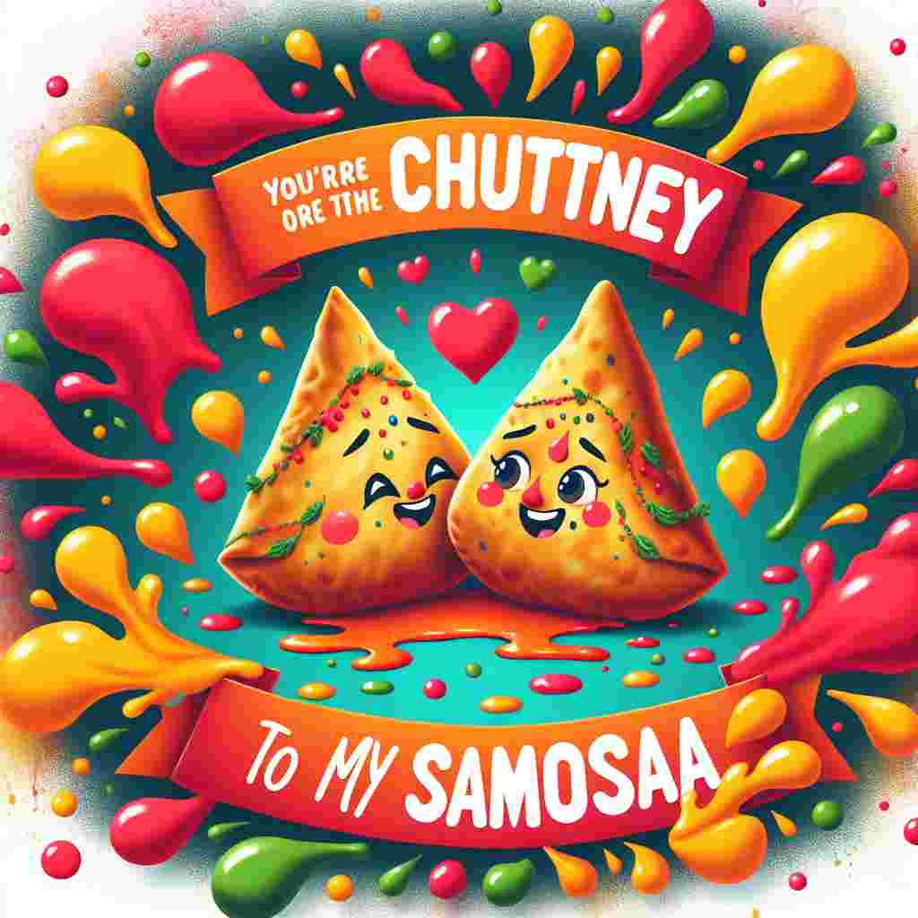 The scene art portrays a heartwarming culinary themed anniversary design, with two personified samosas in an affectionate embrace and gazing into each other's eyes, evoking a sense of endearing adoration. The samosas are romantically circled by bright and energetic splashes of multicolored chutney. The whole scenery provides a strong impression of celebration and love between the two samosas. The tagline - 'You're the chutney to my samosa,' is scribed across the top part of the image in a joyful and inviting typeface that complements the illustration and enhances its cheerful atmosphere.
Generated with these themes: Samosa,  chutney, Love, and You're the chutney to my samosa.
Made with ❤️ by AI.