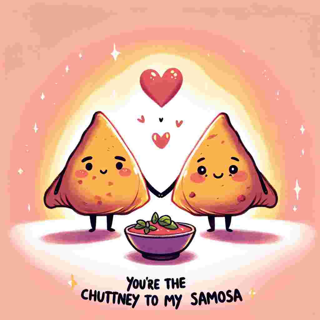 A playful and sentimental illustration suitable for a love anniversary. It features two cute anthropomorphized samosas, one male and one female, holding hands. There's a small heart floating above them, signifying their love for each other. The background radiates a gentle, romantic color palette, possibly featuring twilight colors. Positioned in between the samosas is a small bowl of chutney, symbolizing their unity and complementing nature. Above the scene, there's a whimsically styled text that says, 'You're the chutney to my samosa.' This phrase creatively represents the idea of love and companionship in a light-hearted, food-themed context.
Generated with these themes: Samosa,  chutney, Love, and You're the chutney to my samosa.
Made with ❤️ by AI.