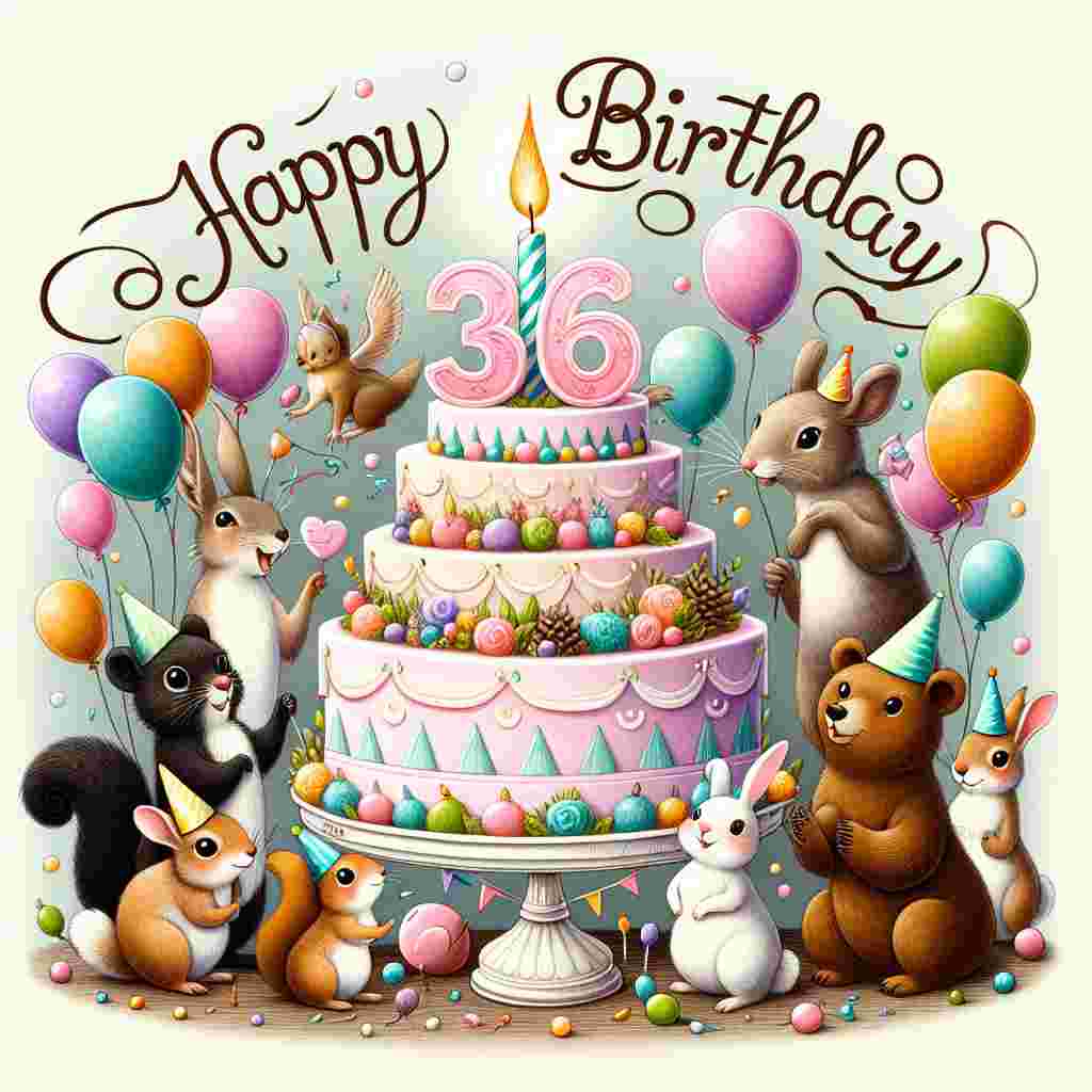 A whimsical illustration featuring a three-tiered pastel birthday cake topped with the number '36' candle. Around it, cheerful woodland animals wearing party hats hold balloons. The words 'Happy Birthday' are elegantly written in cursive above the scene.
Generated with these themes: 36th  .
Made with ❤️ by AI.