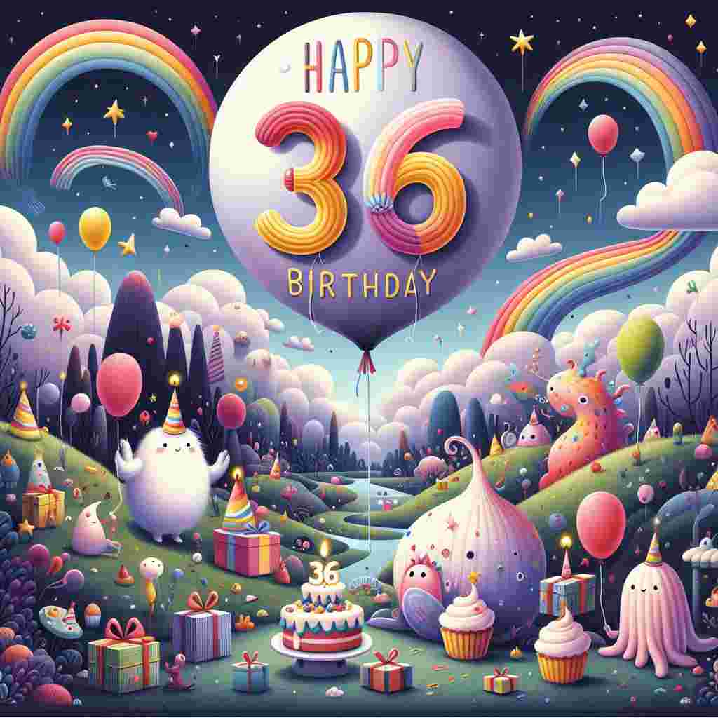 An adorable illustration portraying a fantasy landscape with a giant '36' shaped balloon floating in the sky. Below, a cluster of cute creatures are sharing cupcakes and gifts. The words 'Happy Birthday' are integrated into the scenery, appearing as part of a rainbow.
Generated with these themes: 36th  .
Made with ❤️ by AI.