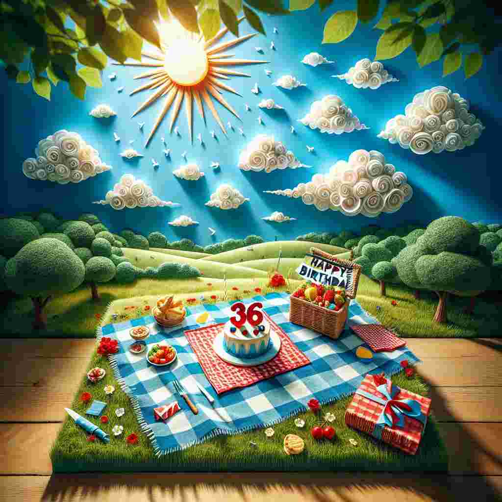 A delightful drawing of a picnic set up with a red-and-white checkered blanket, a basket full of treats, and a small cake with a '36' topper. In the background, a clear blue sky and the sun, with the phrase 'Happy Birthday' floating on fluffy clouds.
Generated with these themes: 36th  .
Made with ❤️ by AI.