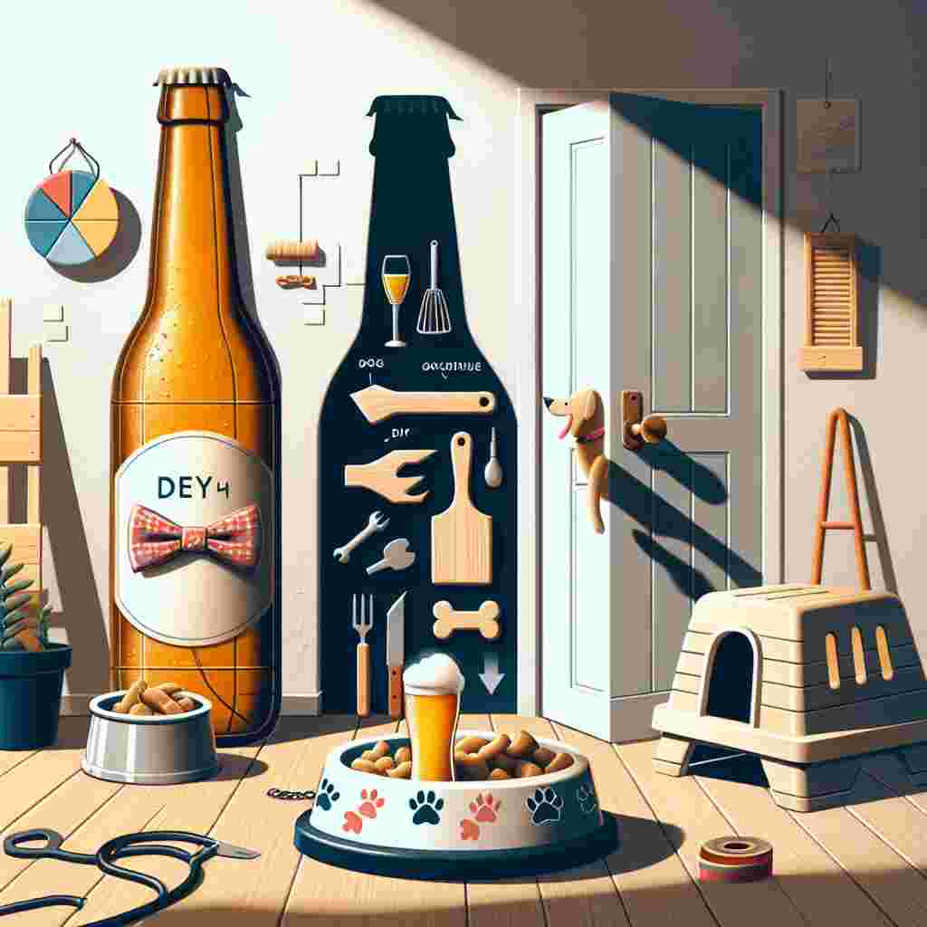 Create an image of a Father's Day theme. The setting should be a welcoming home with an open garage door, showcasing shadows of ongoing DIY and woodworking projects. In the front area, depict an animated, half-full beer bottle adorned with a festive bow tie, placed next to a dog dish covered in playful bone patterns. A leash runs off the edge of the image, indicating that the family pet might be out for a walk. The smell of a roasted dinner appears to be floating from an ajar window. Include a stylized pie chart below, revealing enticing aspects of the meal.
Generated with these themes: Making things, Drinking beer, Walking the dog, and Roast dinner.
Made with ❤️ by AI.