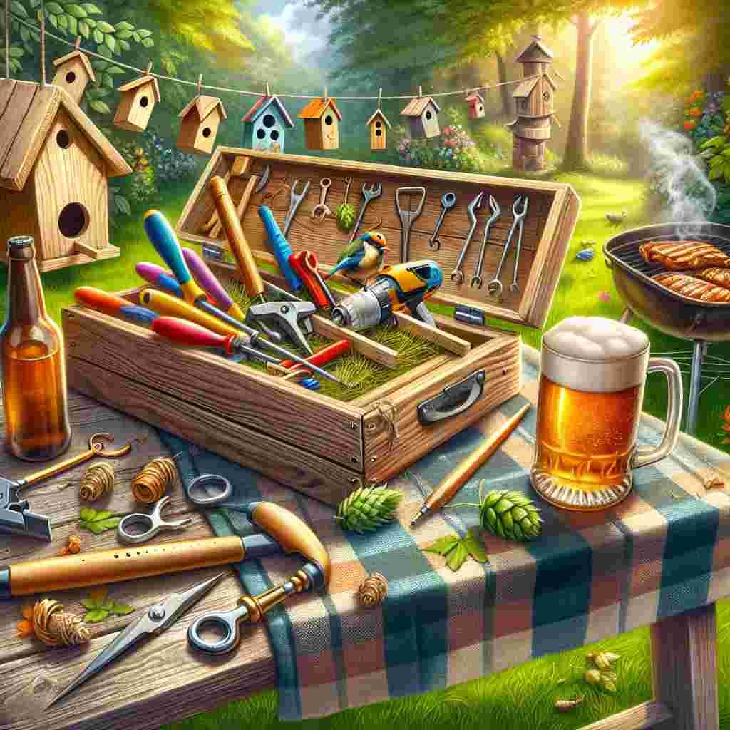 Imagine a scene of Father's Day sunshine illuminating a verdant backyard. Focus on a vacant wooden workbench filled with vividly colored tools and partially constructed birdhouses, implying a busy afternoon of craftsmanship. Nearby lies a plaid picnic blanket with a frothy mug of beer resting on it, surrounded by loose illustrations of hops and barley, suggesting a pause for relaxation. Notice a dog leash attached to an empty collar, hinting at a paused mid-walk. The backdrop presents wafts of smoke rising from a grill, where a golden-brown roast cooks, setting the tone for a family gathering.
Generated with these themes: Making things, Drinking beer, Walking the dog, and Roast dinner.
Made with ❤️ by AI.