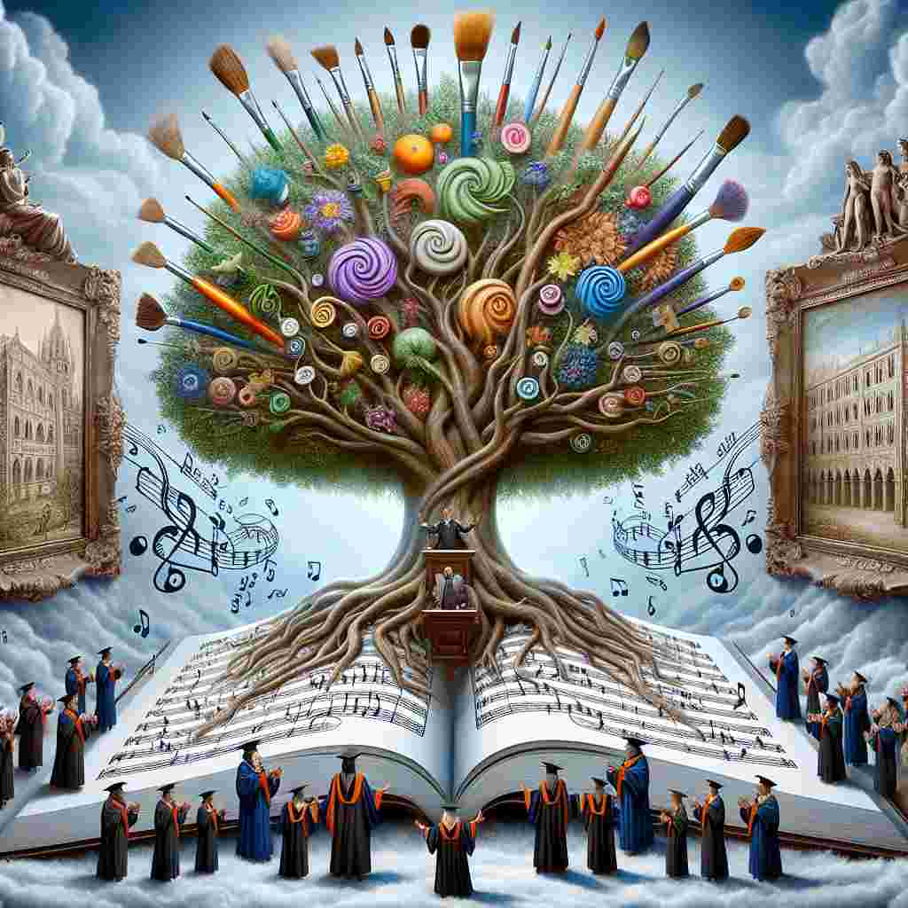 Imagine a surreal scene where a grand tree grows from the center of an open book dedicated to art. The tree's branches extend towards the sky, morphing into a multitude of paintbrushes and musical treble clefs. Adorning the tree branches are elaborate frames showcasing illustrations of iconic architecture from a university focused on art and music. Below the tree, a variety of mythical creatures, dressed in academic robes, are engaged in a ceremonial procession. They are offering applause and accolades to an accomplished individual at the center of this fantastical depiction.
Generated with these themes: art music university.
Made with ❤️ by AI.