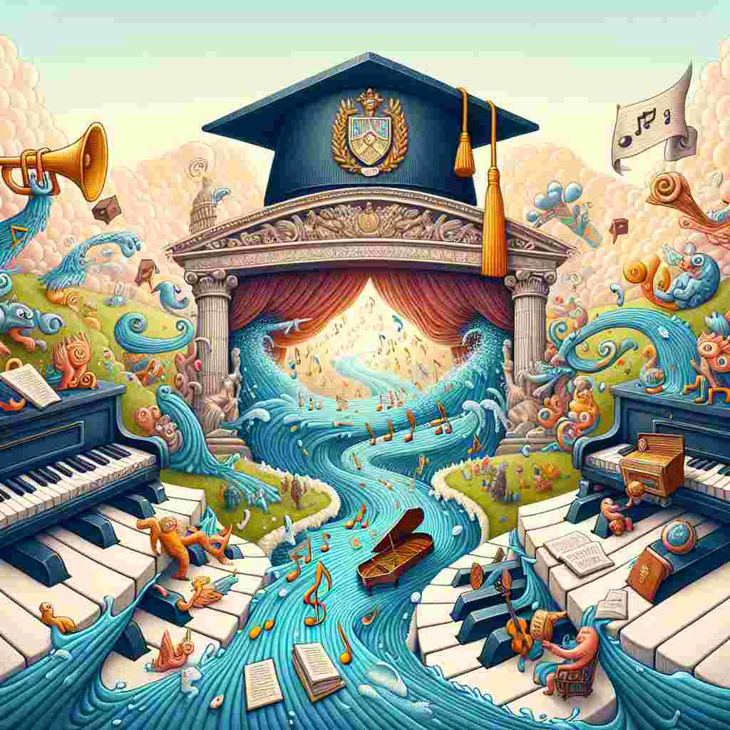Depict a fancy and playful scene where a grand piano is transforming into a lively river made of musical notes, flowing towards a vista dominated by an exaggeratedly large mortarboard and diploma, adorned with emblems representing an artistic and musical university. Among the gushing tune, fantastical creatures lift banners and trophies, applauding the exceptional accomplishment in a universe where imaginations and actuality merge.
Generated with these themes: art music university.
Made with ❤️ by AI.
