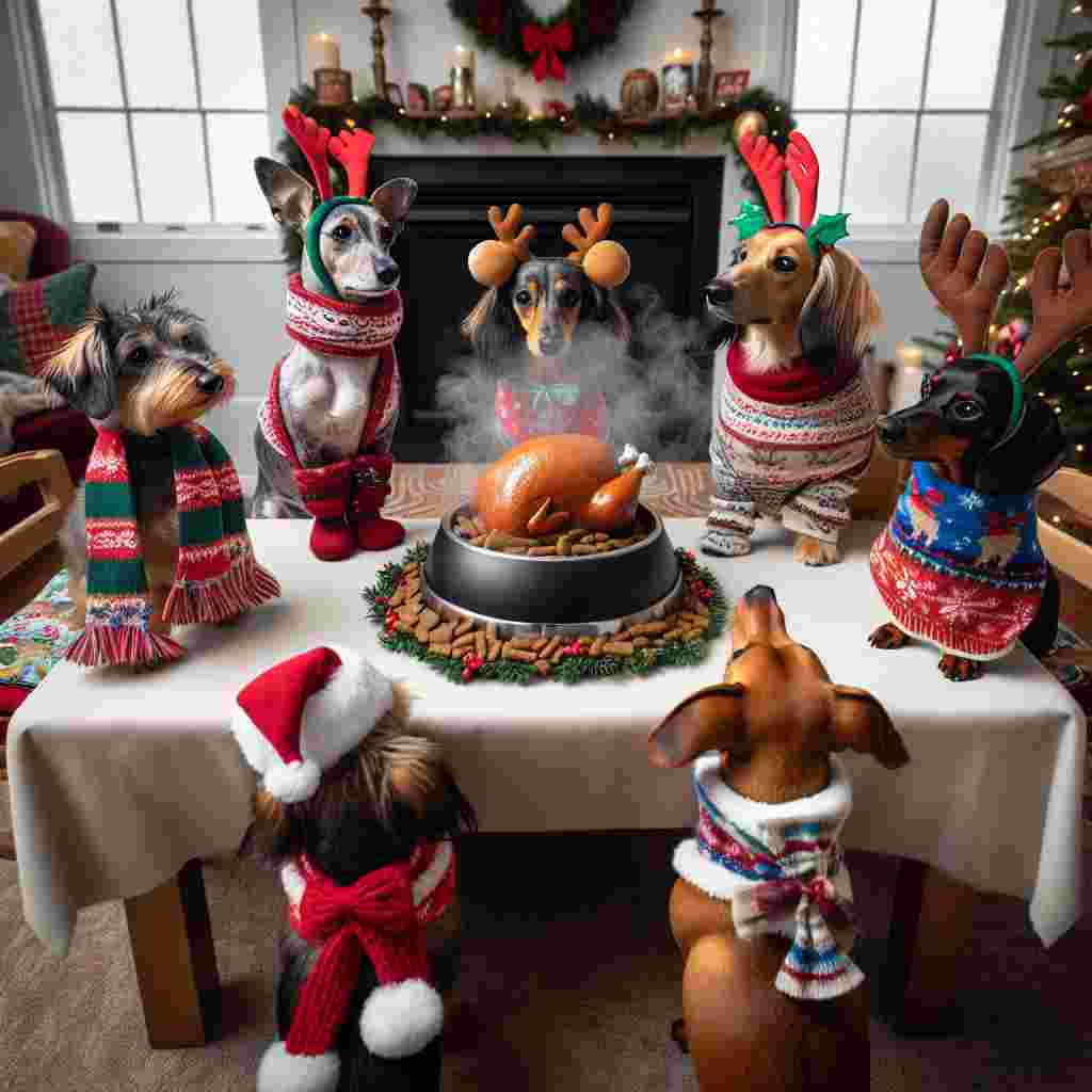 Imagine a whimsical Christmas dinner where amused canine guests, each with their own little scarf or Christmas-themed bandana, are positioned around a small table. They eagerly await their turn to be served from a steaming turkey-sized bowl of kibble, garnished with a sprig of holly to fit the holiday theme, while a dachshund in antlers tries to sneak a bite.
Generated with these themes: I'd like to seen a few dogs having Christmas dinner .
Made with ❤️ by AI.