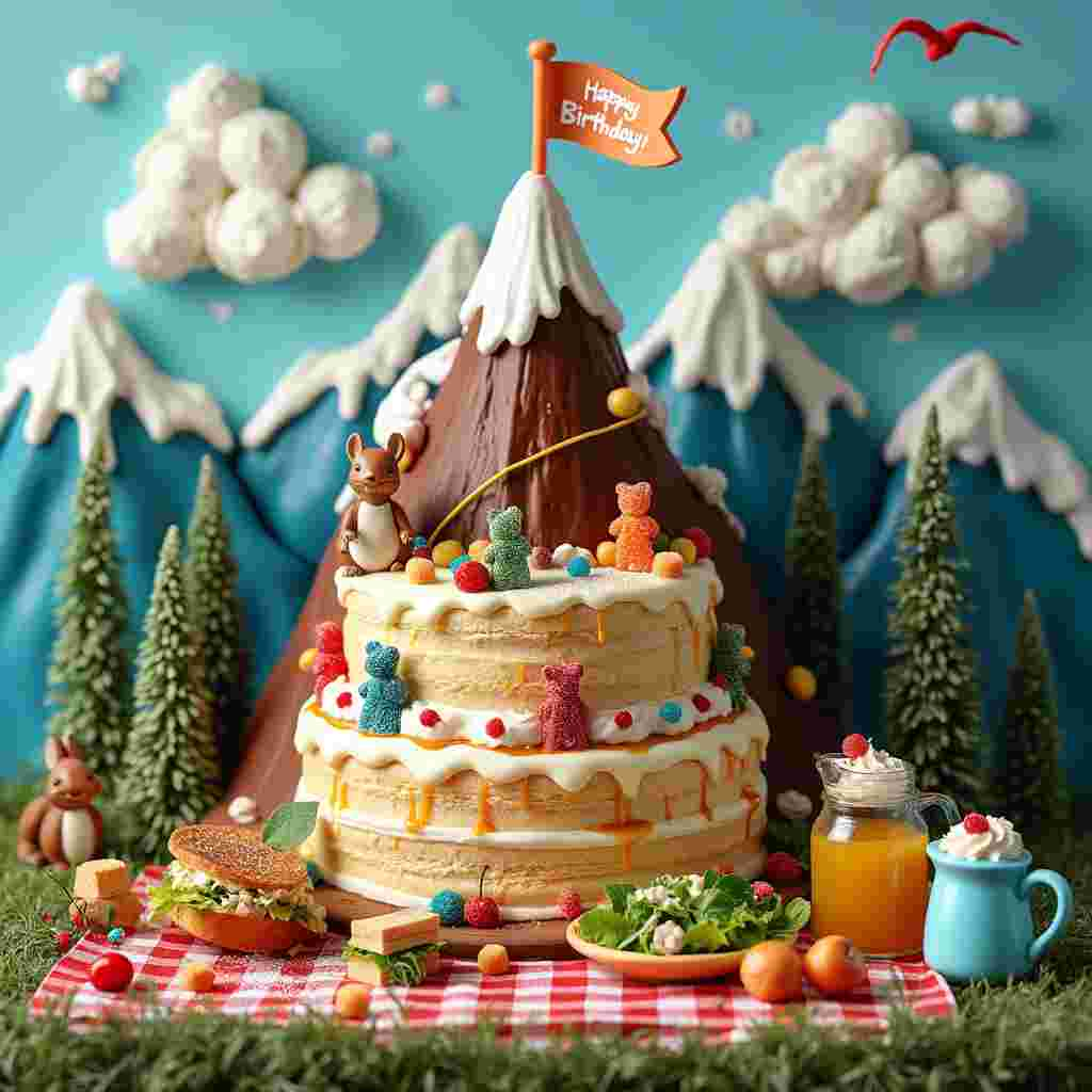 Sure thing! Here's a fun and quirky scene for your birthday greeting card:

Imagine a majestic mountain range with snow-capped peaks towering in the background. In the foreground, there's an enormous birthday cake carved into the shape of one of the mountains. The cake has layers of chocolate and vanilla, with icing snow caps and trails of caramel running down the sides like rivers of molten sugar. Little climbers made out of colorful gummy bears are scaling the cake-mountain, using licorice ropes and marshmallow pitons. 

On one side of the cake-mountain, there's a picnic spread. A red-and-white checkered blanket is laid out, with a variety of food items that have a mountain twist: sandwiches shaped like mini-mountains, a salad with croutons in the shape of tiny boulders, and a pitcher of lemonade with ice cubes shaped like snowflakes. 

Near the peak of the cake-mountain, there's a tiny cherry tree with a few cherries dangling from its branches, providing a splash of bright red. To top it off, there's a little fondant hiker reaching the summit, planting a tiny flag that reads "Happy Birthday!" in colorful letters. 

All around, there are playful animals like a squirrel holding a mini cupcake, a rabbit nibbling on a carrot next to the picnic blanket, and birds flying overhead with streamers in their beaks. The sky is a vivid blue, with a few fluffy clouds shaped like whipped cream dollops floating by. 

This scene combines the grandeur of the mountains with the joy of a birthday celebration, creating a whimsical and detailed illustration that's sure to bring a smile to anyone's face.
Generated with these themes: Mountains, food.
Made with ❤️ by AI.