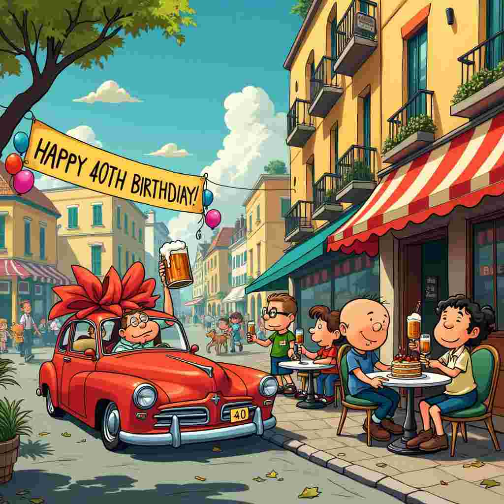 Picture this for the front cover of our whimsical birthday card: a vibrant, bustling cityscape reminiscent of Hergé's meticulous attention to detail in Tintin, but infused with the charming and quirky spirit of Bill Watterson's Calvin and Hobbes. 

In the foreground, we have a lively, cartoonish 40th birthday party taking place at a sidewalk café. The café, reminiscent of a European bistro with round tables and striped umbrellas, is festooned with colorful balloons and a large banner that reads "Happy 40th Birthday!" One table stands out prominently, laden with birthday paraphernalia. 

Seated at this table is our main character, a dapper gentleman with a slightly exaggerated potbelly (hinting at a love for good food and drink), raising a frosty mug of beer in one hand and a bottle of fine whisky in the other. His face is flushed with joy and laughter, his wide eyes hidden behind round spectacles. To his left, a sleek, vintage car - a nod to Walt Disney's precision in detailing - is parked at the curb. The car, polished to a gleaming red, has a huge, comically oversized bow on top, clearly a birthday gift. The car's license plate reads "B-DAY 40".

Next to the gentleman, his animated friends, each a unique character inspired by the eccentricities of Gary Larson's The Far Side, are toasting with their own beer mugs and whisky glasses. One friend, a towering, lanky fellow, is holding a whisky glass aloft while another, a shorter, rounder woman, is balancing a tray with an intricate cake shaped like a beer barrel, complete with icing details.

In the background, the cityscape is bustling with action - people walking dogs, children playing, and other cartoonish figures going about their day, bringing a lively, Schulz-inspired Peanuts energy to the scene. One particularly striking detail is a small boy with an Astro Boy-style jetpack zooming past, adding a delightful, unexpected twist to the setting.

The sky above is clear and blue, with a few fluffy clouds that seem almost tangible, like something out of Winsor McCay's dreamlike Little Nemo in Slumberland. Birds are cheerfully flying around, one cheeky bird perched on the edge of the café’s awning, peering curiously at the birthday festivities below.

This entire scene is a jubilant, detail-rich tapestry of characters and elements that weave together the themes of turning 40, the love of beer and whisky, and the excitement of receiving a spectacular car as a gift. Each detail is designed to bring a smile to the viewer’s face, capturing the essence of a joyous, fun-filled celebration.
Generated with these themes: 40, beer, whisky, cars.
Made with ❤️ by AI.