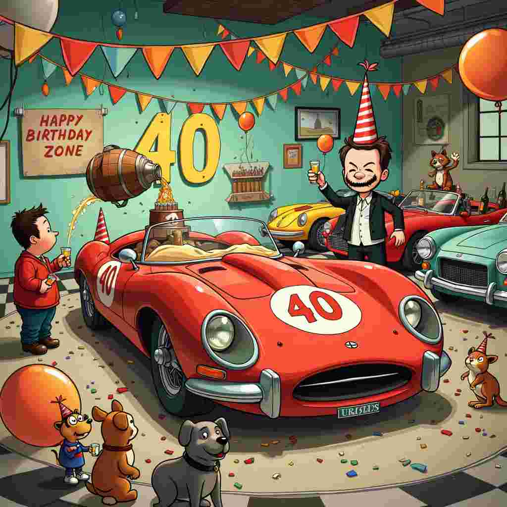 The scene opens in a whimsical cartoon universe where the concept of turning 40 is met with exaggerated humor and joy. Picture a bustling garage turned into a party zone, with colorful bunting and balloons hanging from the ceiling. At the center of the scene is a comically large birthday cake in the shape of a sleek, vintage sports car with a giant "40" as the license plate. The cake-car is a vibrant red, and it's adorned with tiny details like chrome bumpers made of icing and wheels of chocolate donuts.

Around this centerpiece, characters inspired by a mix of Calvin and Hobbes' whimsical energy and Peanuts' endearing charm are scattered about. To the left, a short, stout character, reminiscent of a jovial Hergé creation, is pouring a frothy beer from an oversized keg shaped like a whiskey barrel. The beer arcs in a comedic, exaggerated stream into a comically large mug held by a tall, lanky figure, who has a look of pure delight as they balance on one foot.

To the right, there’s a life-sized cardboard cutout of a suave character, much like one you’d find in a Gary Larson panel, holding a tray of whisky shots, each glass having tiny umbrellas and silly straws sticking out of them. In front of this cutout, a group of anthropomorphic animals – a dog, a cat, and a mischievous raccoon – are wearing tiny party hats and trying to toast each other with their own mini glasses of sparkling cider, adding a whimsical touch inspired by Osamu Tezuka's playful spirit.

In the background, you can see a line of classic cars parked in a row, each one with a humorous twist – one car has a trunk filled with ice and more bottles of beer, another has its windshield decorated with a giant "Happy 40th Birthday" banner, and a third has its hood propped open with balloons flying out as if the engine were blowing them up.

On the floor, scattered confetti and streamers wind around a checkered race flag path leading from the entrance to the cake-car, guiding the eye through the vibrant, bustling party scene. Small details like a spilled bottle of whisky rolling towards the garage door, a banner that reads "Over the Hill and Still Rolling," and an old-timey radio blasting out comically upbeat music add layers of humor and celebration to the scene.

This birthday scene is a delightful, detailed blend of cars, beer, whisky, and the milestone of turning 40, capturing a sense of jubilant chaos and timeless fun.
Generated with these themes: 40, beer, whisky, cars.
Made with ❤️ by AI.