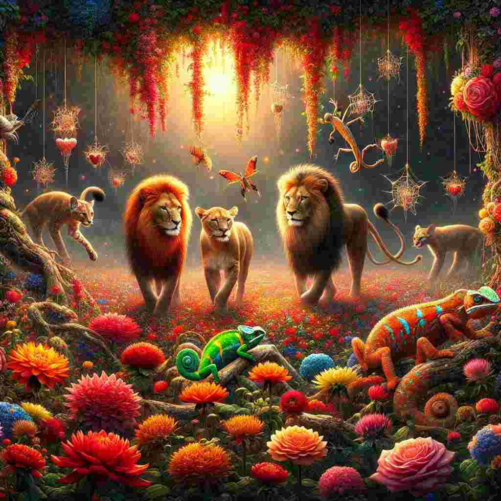 Imagine a whimsical garden filled with a vibrant tapestry of red, orange, yellow, and blue flowers, the perfect setting for a Valentine's Day rendezvous. Amidst the lush foliage, two majestic lions, their manes tinged with warm colors synonymous with love, stroll side by side. A chameleon, shifting colors to blend with the romantic ambiance, perches discreetly on a nearby branch. Glittering in the soft light are delicate webs where spiders busily weave heart-shaped patterns. Adding a touch of wild grace, an elusive serval can be seen leaping in the background. This scene forms a captivating tableau representative of Valentine's enigma.
Generated with these themes: Red orange yellow blue, Lion, Garden, Chameleon, Spider, and Serval.
Made with ❤️ by AI.