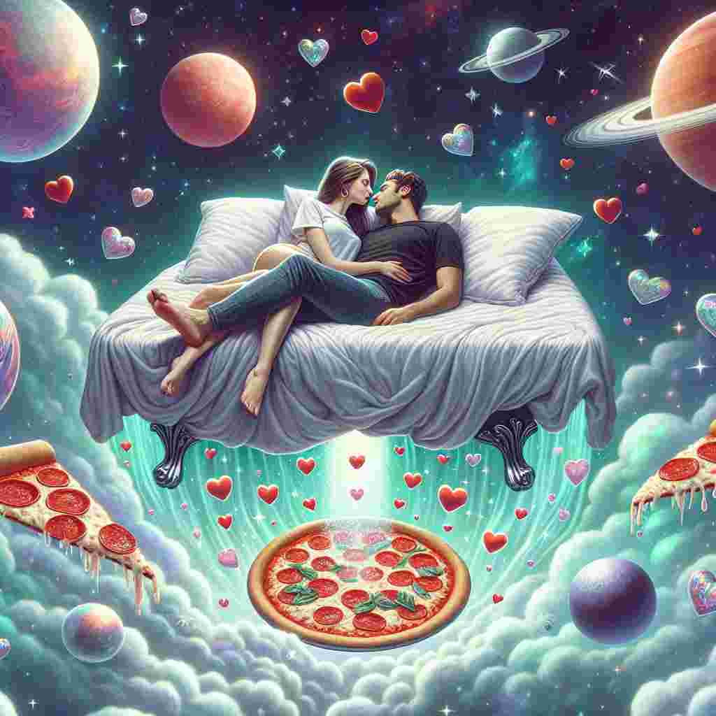 Create a surreal illustration for Valentine's Day, featuring a Caucasian male and a Hispanic female couple embraced on a floating duvet, suspended in a cosmos filled with stars and whimsical planets. The intensity of their love seems to emanate warmth to the surrounding space. Directly below them, an inordinately large bath tub overflows with iridescent bubbles, each shaped like a heart, drifting upwards. Somewhere in the distant space, a pizza embellished with pepperoni hearts floats, emanating an aura of savory deliciousness, akin to a paradisiacal moon in a gastronomical galaxy.
Generated with these themes: Planets , Duvet , Bath, and Pizza.
Made with ❤️ by AI.