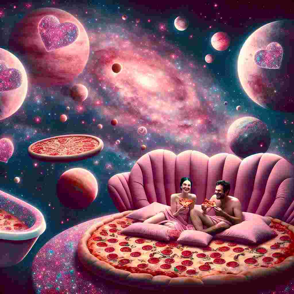 Visualize a fantastical Valentine's galaxy setting. The planets in this scene emit a soft, rosy glow. Centrally located within this intricate celestial tapestry stands a mammoth, cushiony duvet. Upon it, a Caucasian man and a Middle-Eastern woman sit comfortably, enjoying a singular piece of pizza beneath the starlight. Their shared joy subtly distorts the surrounding space. Orbiting around them like cosmic entities are bath tubs, filled to the brink with glittery, pink water. In the far-off background, heart-shaped pizzas take the place of moons, introducing a whimsically succulent element to this dreamlike panorama.
Generated with these themes: Planets , Duvet , Bath, and Pizza.
Made with ❤️ by AI.