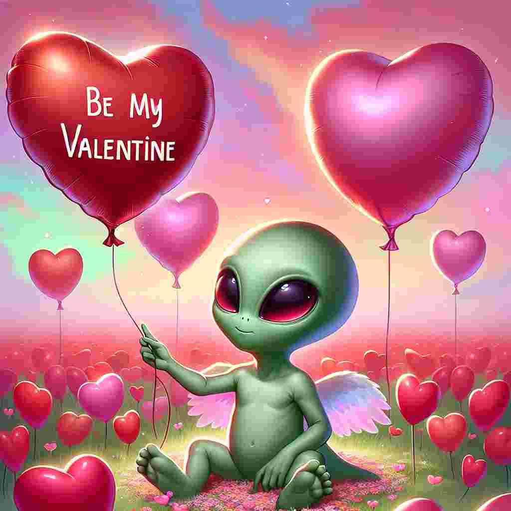 A heart-warming Valentine's Day illustration displays an adorable, green-skinned toddler-like alien creature, seated amidst a field of vivid heart-shaped balloons in different tones of red and pink. With his small hand extended, the creature magically floats a single, unique balloon towards the viewer, which reads 'Be My Valentine' in a charming, bold font. The surrounding environment, set against a pastel-hued backdrop, radiates an aura of affection, enveloping the scene with a dream-like quality.
Generated with these themes: Grogu.
Made with ❤️ by AI.