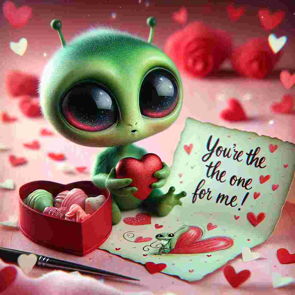 A delightful image for a love-themed holiday depicting a small, adorable green alien creature with large expressive eyes. The creature is affectionately holding a heart-shaped box of sweets. Its eyes glisten lovingly towards a handmade card on its side, inscribed with 'You're the one for me!' in whimsical script. The backdrop is filled with a soft, rosy hue with drifting red and white hearts embellishing the warm, festive atmosphere of the artwork.
Generated with these themes: Grogu.
Made with ❤️ by AI.