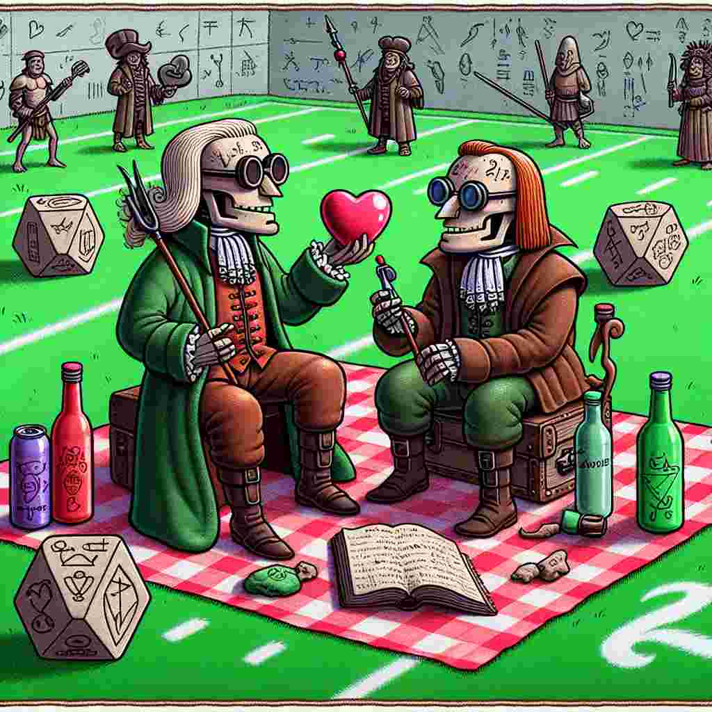 Picture a whimsical Valentine's Day cartoon set on a vibrant green football field. At the center, a lanky figure dressed in period clothing, holding a high-tech tool in one hand, shares a heart-shaped chocolate with a smiling companion. They are surrounded by bottles that look like energy drinks but are adorned with love symbols, suggesting they are love potions. These bottles are set atop a picnic blanket. In the background, endearing characters garbed in medieval clothing are seen rolling oversized dice, alluding to fantasy role-play games. Along the border of the image, you can see delicate etchings of ancient symbols and fossil impressions, adding elements of archaeology to this quirky Valentine's Day umage.
Generated with these themes: Football, Dr Who, Chocolate, Energy drinks, Dungeon and Dragons, and Archaeology .
Made with ❤️ by AI.