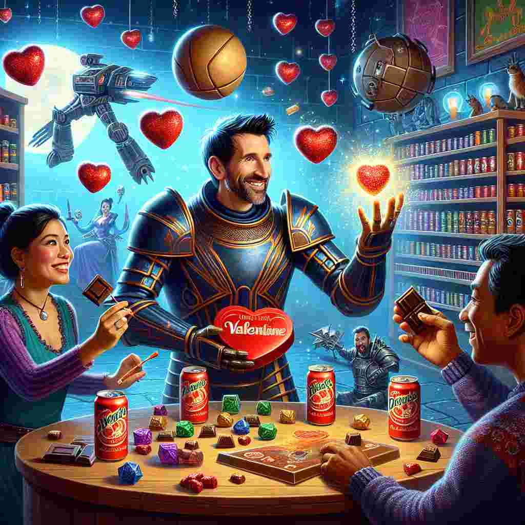Celebrating Valentine's Day, this vibrant scene merges romance with an appreciation for games and escapades. Central to a magical dungeon, a character inspired by a popular British sci-fi series holds a piece of chocolate, dodging small enchanted footballs that twinkle with sparkles. Dungeon walls showcase shelves packed with cans of energizing beverages and age-old relics, hinting at a mix of dynamism and archaeology. At his feet, a charismatic couple in full armor - a Hispanic woman and a South Asian man - play a game resembling a well-known tabletop RPG, their mirth and camaraderie resonating throughout.
Generated with these themes: Football, Dr Who, Chocolate, Energy drinks, Dungeon and Dragons, and Archaeology .
Made with ❤️ by AI.