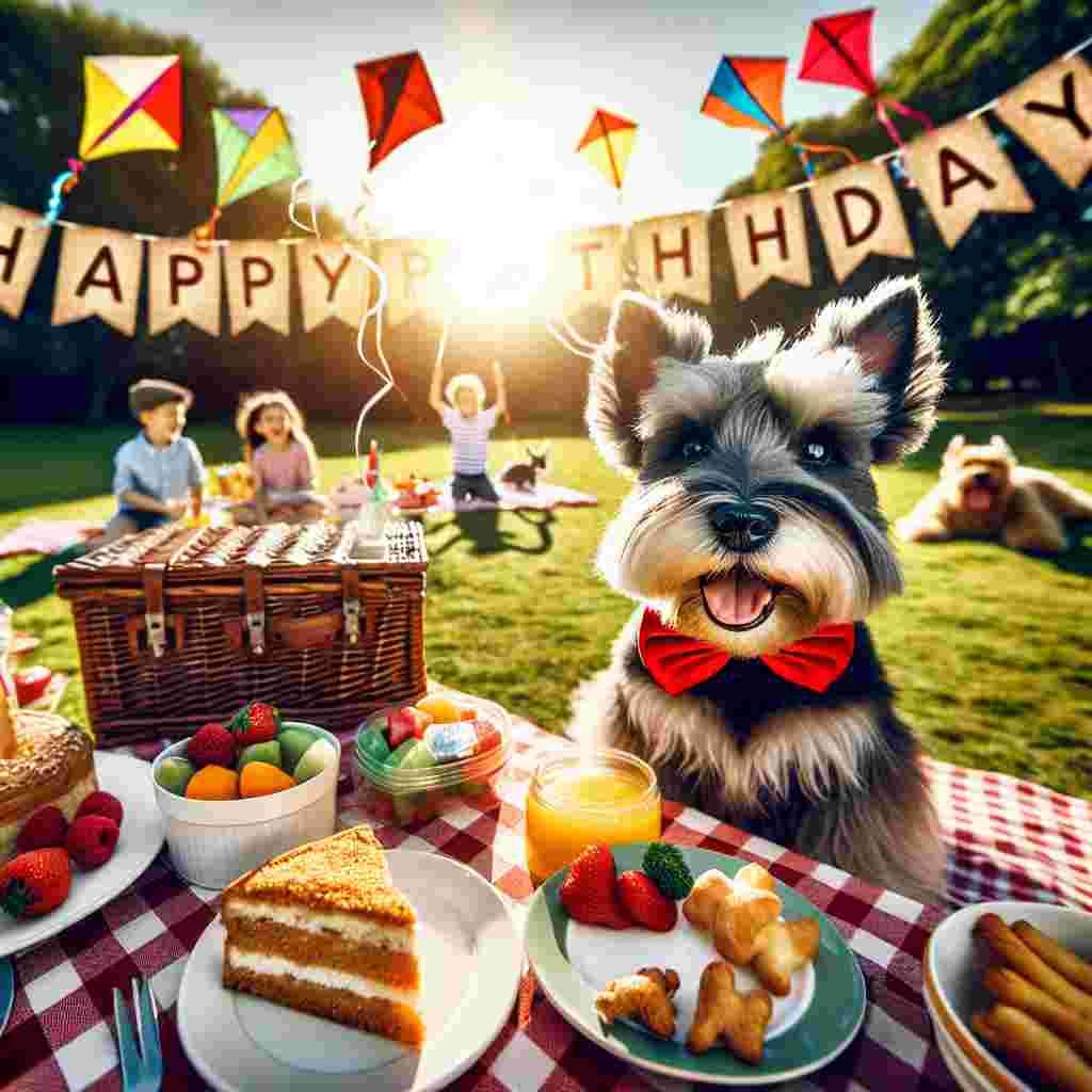 An adorable scene unfolds on a sunlit park background, where a fluffy Scottish Terrier with a bright red bow tie frolics among a spread of birthday picnic treats. 'Happy Birthday' is spelled out in the sky with kite strings as children and puppies play in the background.
Generated with these themes: Scottish Terrier  .
Made with ❤️ by AI.