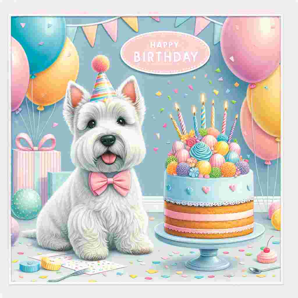 A pastel-colored birthday card shows a cheerful Scottish Terrier wearing a tiny party hat. Balloons and confetti surround the dog, which sits next to a large, decorated birthday cake. Above this sweet scene, the text 'Happy Birthday' is written in a playful, bubbly font.
Generated with these themes: Scottish Terrier  .
Made with ❤️ by AI.