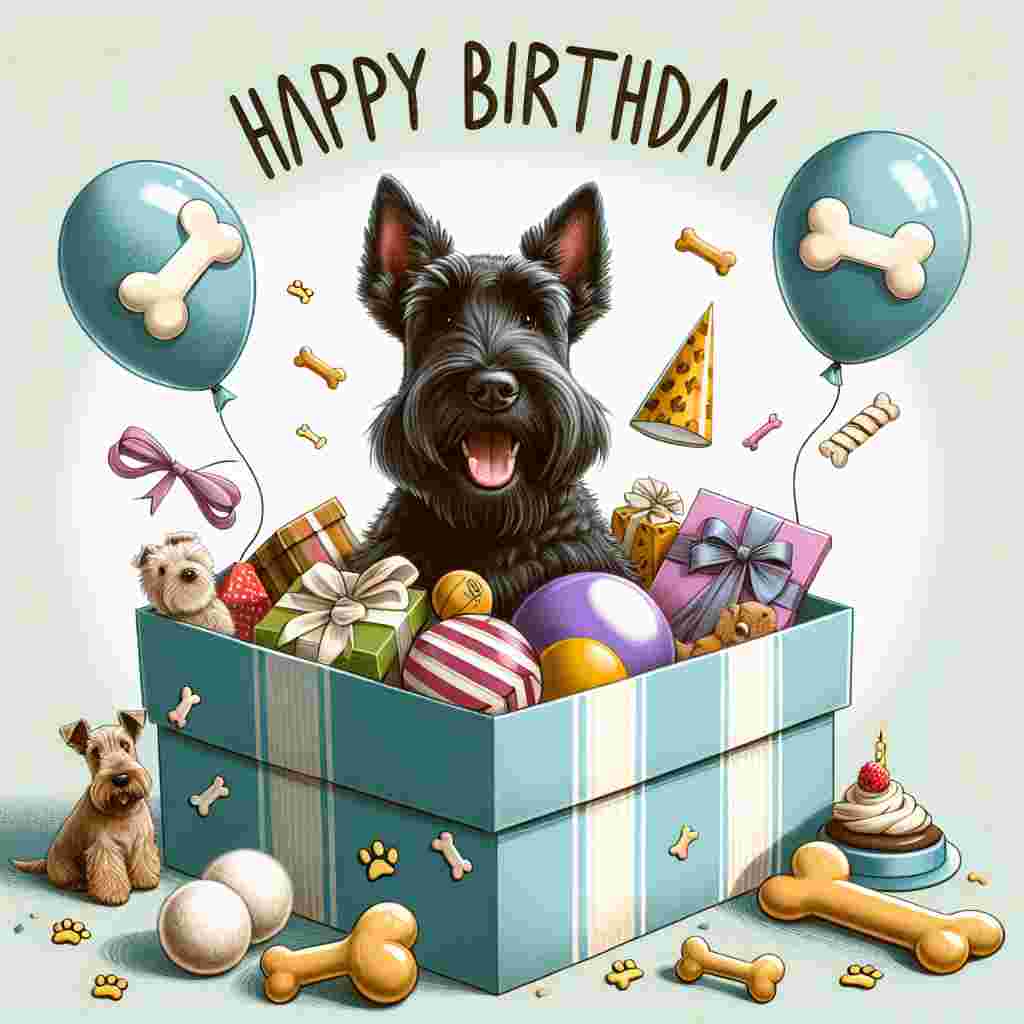 The illustration depicts a Scottish Terrier with a playful smirk, sitting inside a giant birthday gift box filled with toys and treats. Party balloons in the shape of bones float upwards, and 'Happy Birthday' is written across the top in a jaunty, handwritten script.
Generated with these themes: Scottish Terrier  .
Made with ❤️ by AI.
