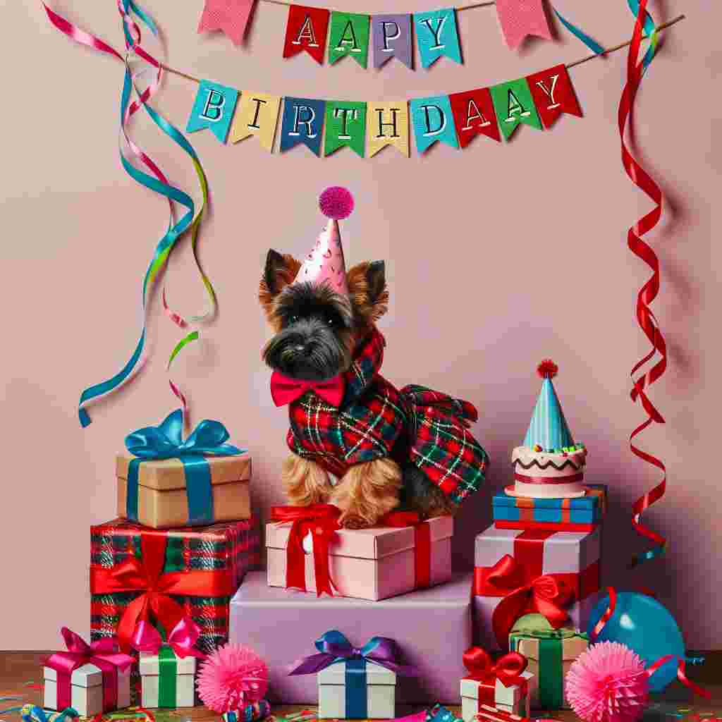 A small Scottish Terrier with a tartan coat stands atop a pile of wrapped birthday gifts, a joyous expression on its face. Party streamers and a handful of colorful birthday hats frame the scene. The text 'Happy Birthday' appears above in a classy, serif font.
Generated with these themes: Scottish Terrier  .
Made with ❤️ by AI.