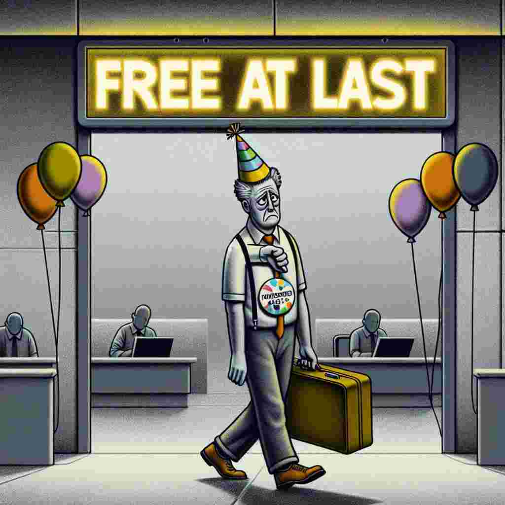 Depict a scene wherein a gloomy, Caucasian male character is depicted dragging his feet as he exits a gray-toned office, symbolizing monotony. Overhead, are the brightly colored words- 'Free at Last!' adding contrasting cheer to the somber setting. The character displays an exaggerated frown, while a party hat sits unevenly on his head. On his shirt, a 'Farewell!' button featuring a thumbs-down sign is pinned, clearly indicating his distaste for his past job. Surrounding him are balloons, seeming to mockingly celebrate his leave. The image encapsulates the humor and unhappiness of his farewell.
Generated with these themes: Hates his job, Moody, and Unhappy.
Made with ❤️ by AI.