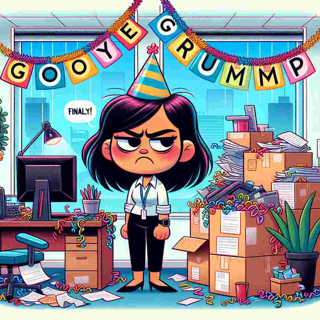 Create a detailed and colorful cartoon illustration of a Hispanic female office worker. She is standing in a chaotic office space that is cluttered with paperwork, a malfunctioned computer, and a slowly wilting plant. Her facial expression is one of sulky annoyance. A bold caption overlays the scene which reads 'Goodbye Grump!', and the 'O's in 'GOODBYE' are stylized to look like cheerful party hats. Cute, festive streamers wind around each letter, its bright colors contrasting the gloomy office. Despite the jubilant decorations and caption, her disdain for her job is still evident from her disgruntled appearance and a small speech bubble emerging from her that reads 'Finally!'. She is holding a packed cardboard box, further indicating her imminent departure. This juxtaposition subtly highlights her moody and discontent nature even amidst her farewell celebration.
Generated with these themes: Hates his job, Moody, and Unhappy.
Made with ❤️ by AI.
