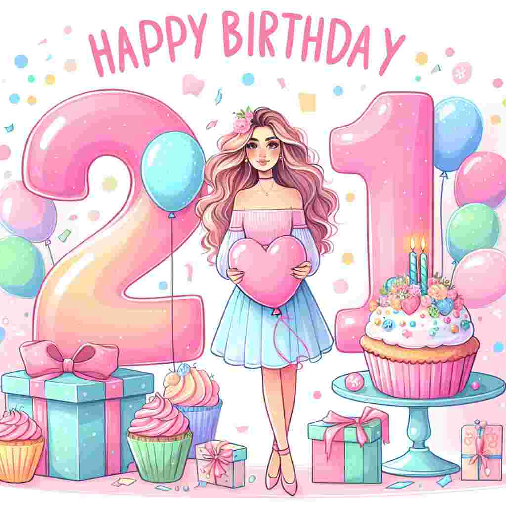 A whimsical illustration of a pastel-colored birthday setting, with a daughter's 21st birthday in mind. It features a youthful girl holding a giant '21' shaped balloon, surrounded by cupcakes and gifts. Overhead, 'Happy Birthday' is written in playful, bubble letters with confetti gently falling around it.
Generated with these themes: daughter 21st .
Made with ❤️ by AI.