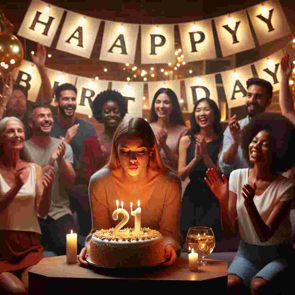 The scene is set in a cozy room adorned with fairy lights and a banner reading 'Happy Birthday.' In the center, there's a depiction of a daughter blowing out candles on a cake shaped like the number 21, with friends and family cheering in the background. The warmth of the scene captures the joy of entering a new decade.
Generated with these themes: daughter 21st .
Made with ❤️ by AI.