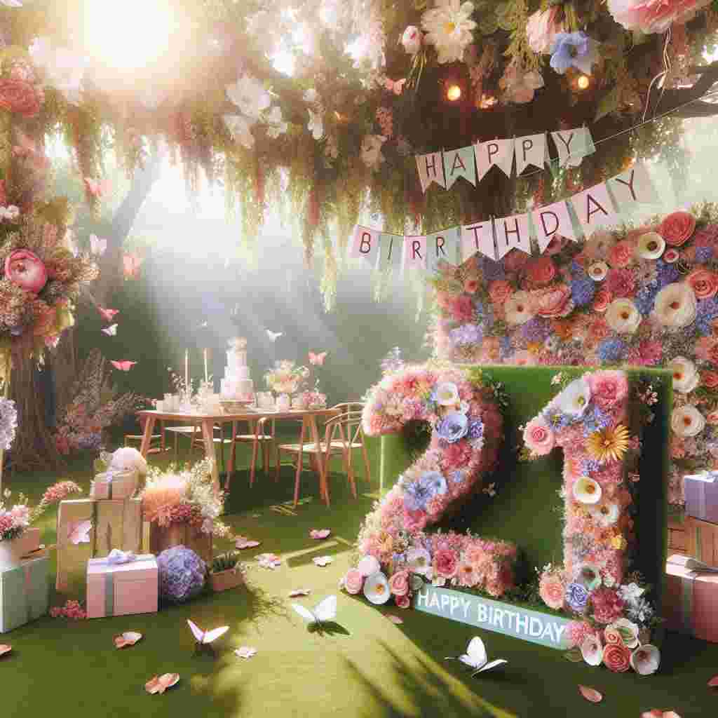 An outdoor garden party illustration for a daughter's 21st birthday. The design includes a picnic setup with a floral theme, a plush '21' symbol nestled among the flowers, and a 'Happy Birthday' sign swaying on the branches above. Butterflies and soft sunlight add to the charming ambiance.
Generated with these themes: daughter 21st .
Made with ❤️ by AI.