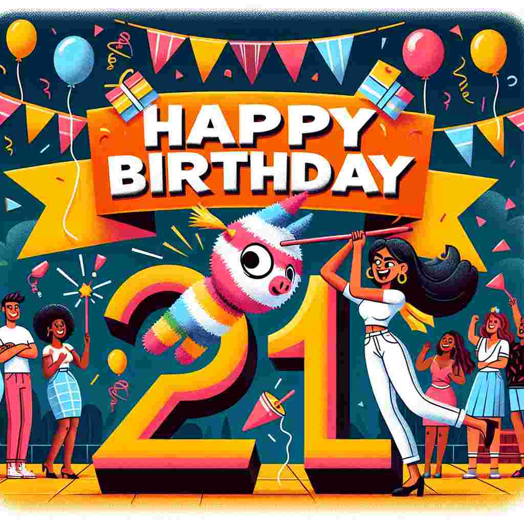 A vibrant, cartoon-style illustration centered around a big '21' pinata. A young woman is swinging joyously at the pinata with a stick, with 'Happy Birthday' in bold, exciting lettering above the scene. Balloons, streamers, and partygoers all contribute to an energetic vibe suitable for a 21st birthday celebration.
Generated with these themes: daughter 21st .
Made with ❤️ by AI.