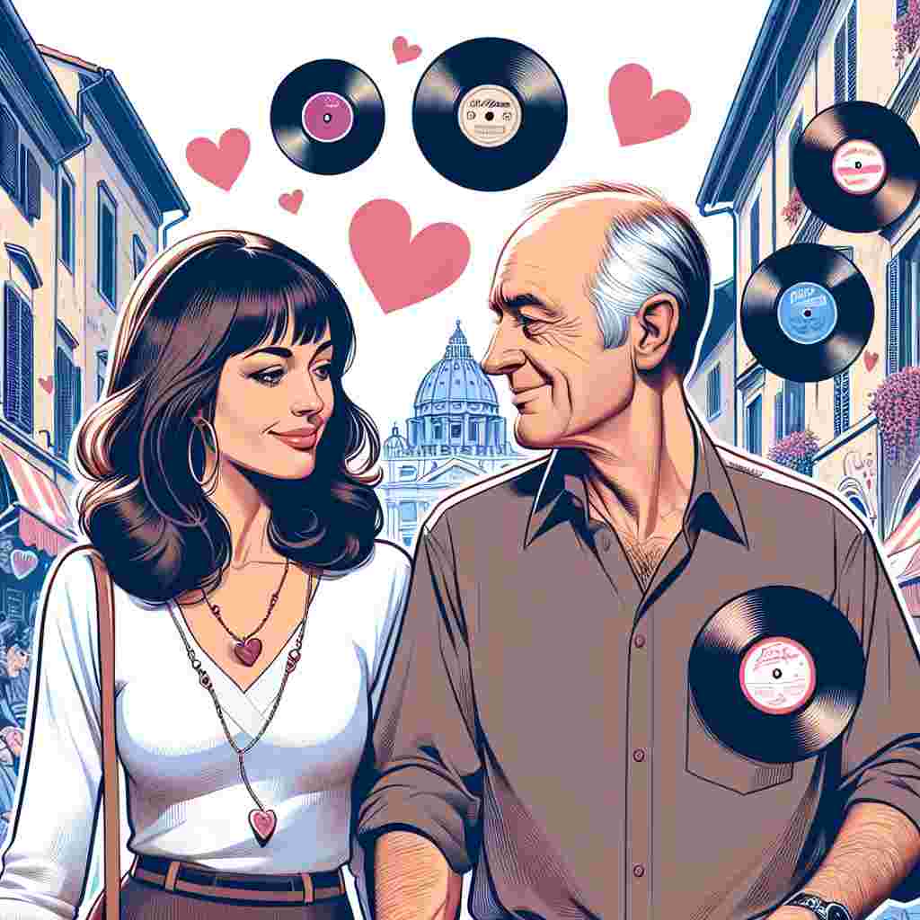 Create an image of a heartwarming scene featuring a Caucasian man and a Caucasian woman in their late 50s walking hand in hand with the charismatic streets of Italy serving as inspiration for the backdrop. The man has thinning brown hair and is exchanging an affectionate gaze with the woman who has shoulder-length brunette hair and a fuller body shape. They are encircled by floating hearts and vinyl records — a testament to their shared love for music as well as one another. All elements in the illustration should work together to embody the warmth and charm of Valentine's Day.
Generated with these themes: White couple in late 50s. man with thinning brown hair and lady with should length brunette hair, slightly chubby., Walking, Vinyl records, Italy, and Love.
Made with ❤️ by AI.