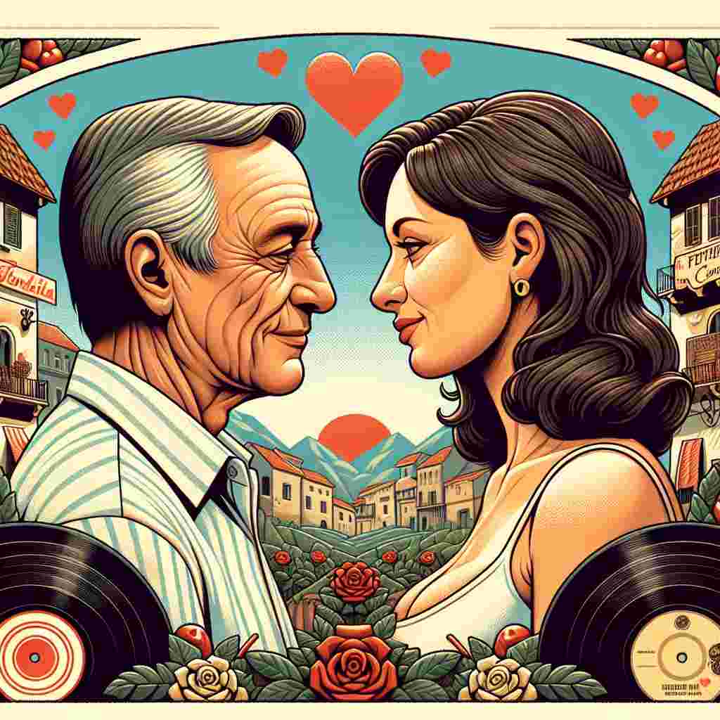 Create an affectionate Valentine's Day-themed illustration of a couple in their late 50s of Caucasian descent, expressing deep love and connection for each other in an Italian-style landscape. The man has thinning brown hair while the woman has shoulder-length brunette hair with a slightly chubby physique. Both are seen focused exclusively on each other amidst a scene interlaced with vinyl records and traditional Italian motifs, personifying a timeless moment of companionship and affection.
Generated with these themes: White couple in late 50s. man with thinning brown hair and lady with should length brunette hair, slightly chubby., Walking, Vinyl records, Italy, and Love.
Made with ❤️ by AI.