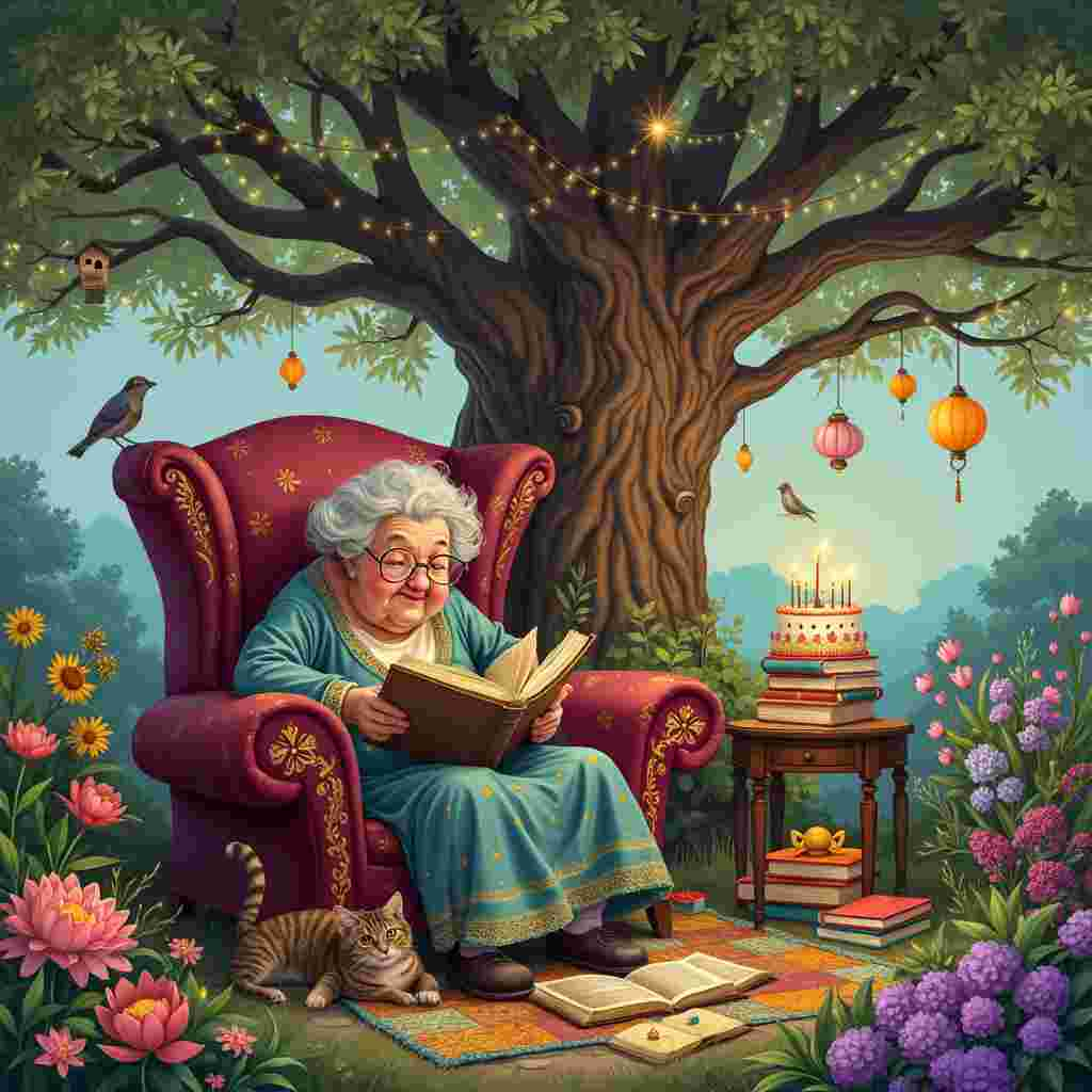 In the center of the card, a large, ancient oak tree stands proudly, its gnarled branches stretching out to form a natural, leafy canopy. Beneath this verdant shelter, a whimsical, oversized armchair is nestled, upholstered in rich, burgundy fabric adorned with intricate gold patterns. Seated in the chair, an elderly grandmother figure with spectacles perched on her nose holds a thick, well-worn book open on her lap, the pages yellowed with age. Around her, children of varying ages gather, each child holding a different kind of wildflower—daisies, sunflowers, and tulips—with petals in vivid, almost magical colors.

On the ground around the chair, a colorful patchwork quilt is spread out, scattered with more books—some open and some closed—each with beautifully illustrated covers hinting at stories of fantasy, adventure, and wonder. A tabby cat lounges lazily on the quilt, its eyes half-closed, its tail twitching contentedly. Surrounding this cozy scene, a circle of vibrant flower bushes, such as lilacs and peonies, frames the gathering, their blossoms adding a burst of colors ranging from deep purples to soft pinks.

To the right of the oak tree, a small wooden table is set up, laden with a rustic birthday cake, decorated with edible flowers and topped with glowing candles that flicker gently in the breeze. Next to the cake, a stack of unopened presents wrapped in bright, playful paper sits invitingly, each topped with a large, fluffy bow.

Suspended from the branches of the oak tree are strings of twinkling fairy lights and paper lanterns, casting a warm glow over the scene as the late afternoon sun begins to set. The tree itself is dotted with small birdhouses, and a few birds can be seen flitting in and out, adding a touch of lively movement to the idyllic tableau. The overall scene is one of joyful celebration, interweaving themes of hugs, flowers, and books into a heartwarming and enchanting birthday moment.
Generated with these themes: hugs, flowers, books.
Made with ❤️ by AI.