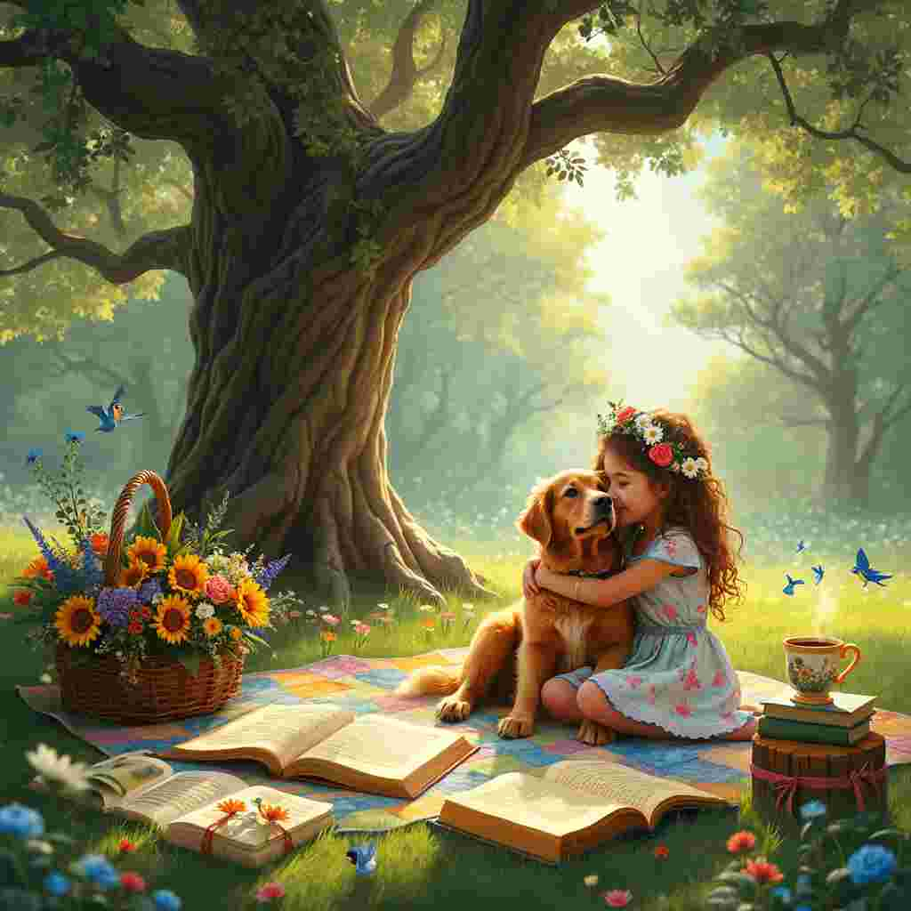 In the center of the scene, imagine a large, ancient oak tree with sprawling branches and a sturdy trunk, suggesting the wisdom and strength of time. Nestled under this grand tree is a cozy, patchwork quilt in vibrant, warm colors, spread out over the lush, green grass. On the quilt, a young girl in a pastel dress with a flower crown made of daisies is sitting cross-legged, giving a big, warm hug to a fluffy golden retriever with a blue collar. Surrounding them are open books of various sizes and colors, with their pages gently fluttering in the breeze. Each book has beautiful, detailed illustrations of whimsical gardens and enchanted forests, and some have bookmarks peeking out, adorned with tiny, delicate pressed flowers.

Nearby, a wicker basket overflows with a stunning array of fresh, fragrant flowers – sunflowers, roses, tulips, and wildflowers – their bright petals contrasting beautifully with the green grass. A small, hand-painted teacup with a steaming herbal tea sits on a wooden stump, beside which rests a stack of more books tied together with a ribbon. In the background, dappled sunlight filters through the tree's leaves, casting a soft, magical light over the scene. Perched on a low branch is a tiny bird with bright blue feathers, chirping cheerfully, adding a touch of whimsy and life. The scene is framed by the natural archway formed by the tree's branches, inviting the viewer into this tranquil, heartwarming birthday celebration under the tree.
Generated with these themes: hugs, flowers, books.
Made with ❤️ by AI.