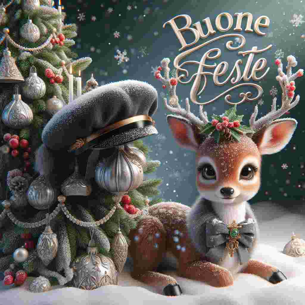 A charming Christmas-themed cartoon scene depicting a fawn wearing a Carabiniere hat, standing by a beautifully decorated Christmas tree. Snowflakes gently fall around the fawn, adding a whimsical winter touch to the scene. The greeting 'Buone Feste' is prominently displayed in a festive font, bringing holiday cheer to those who gaze upon it.
Generated with these themes: Cerbiatto con cappello carabiniere albero di natale Fiocchi di neve.
Made with ❤️ by AI.